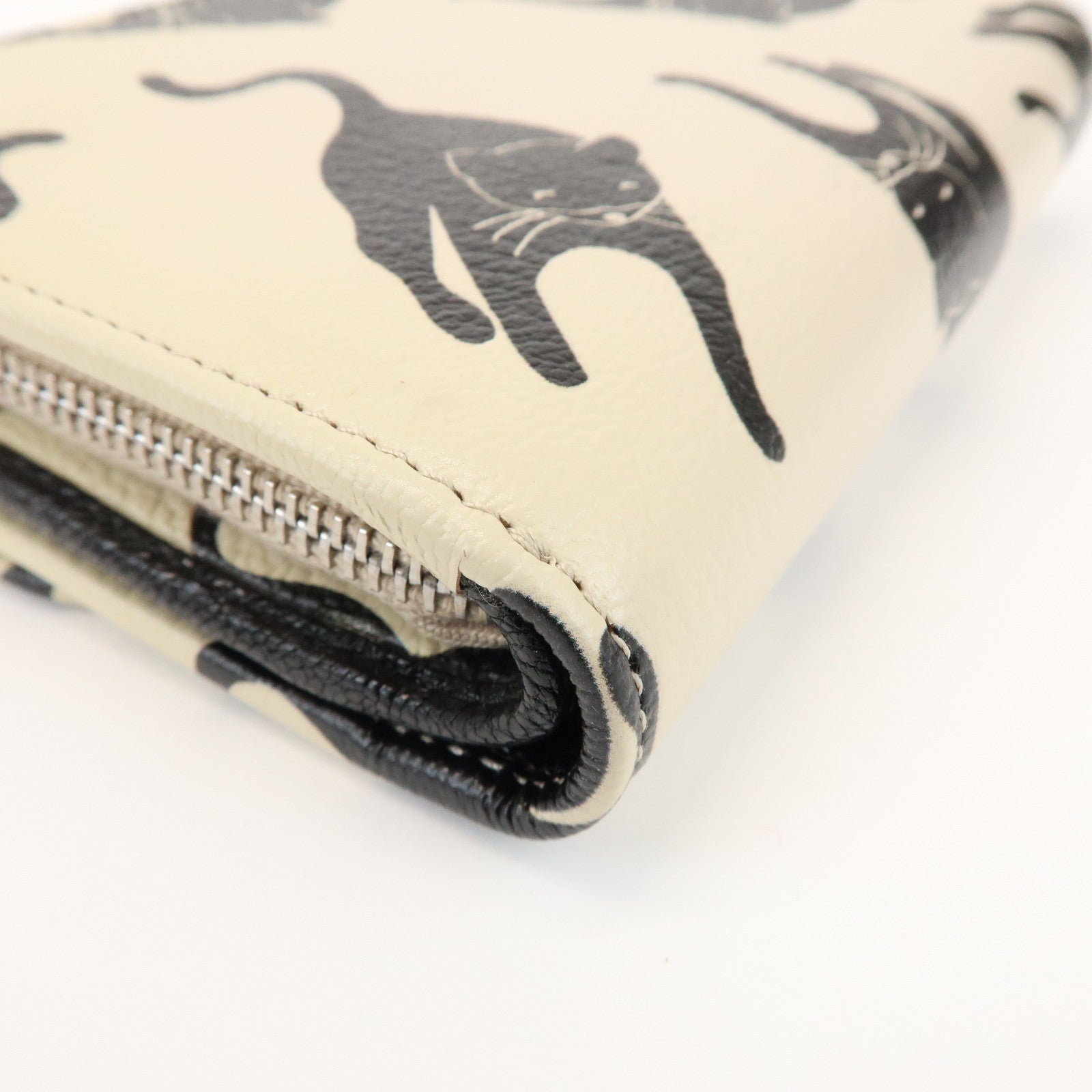 MIU MIU Leather Bi-fold Compact Wallet Black Cat Ivory 5ML225