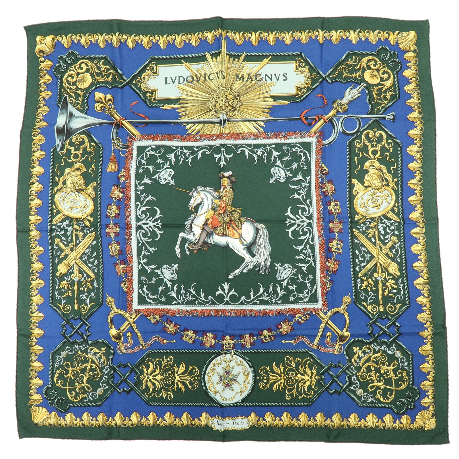 HERMES Carre 90 Silk 100% LVDOVICVS MAGNVS Scarf Green