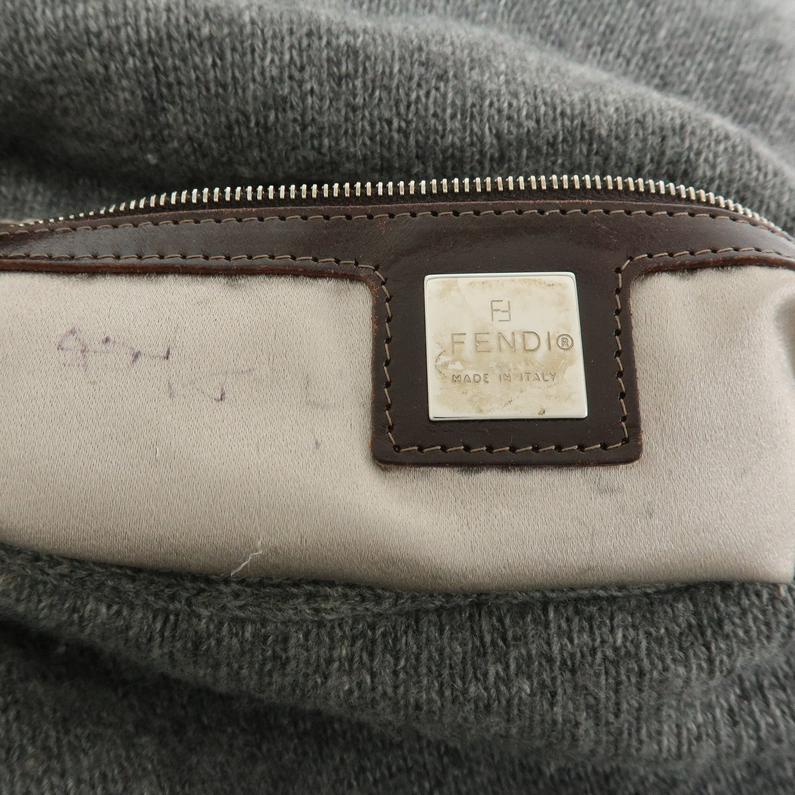 FENDI Mamma Baguette Wool Leather Shoulder Bag Grey Brown 26325