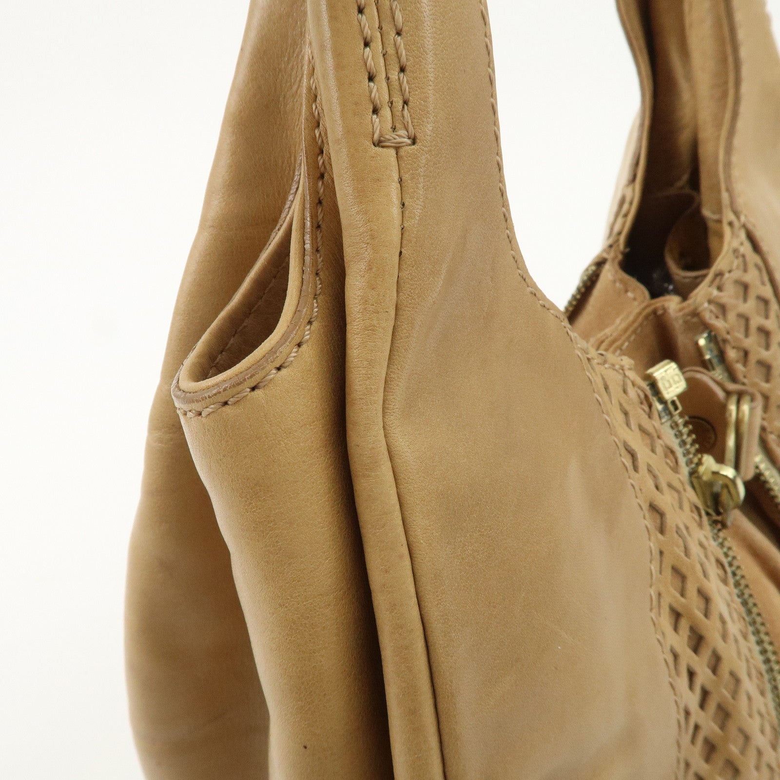 JIMMY CHOO Leather Shoulder Bag Hand Bag Beige Gold Hardware