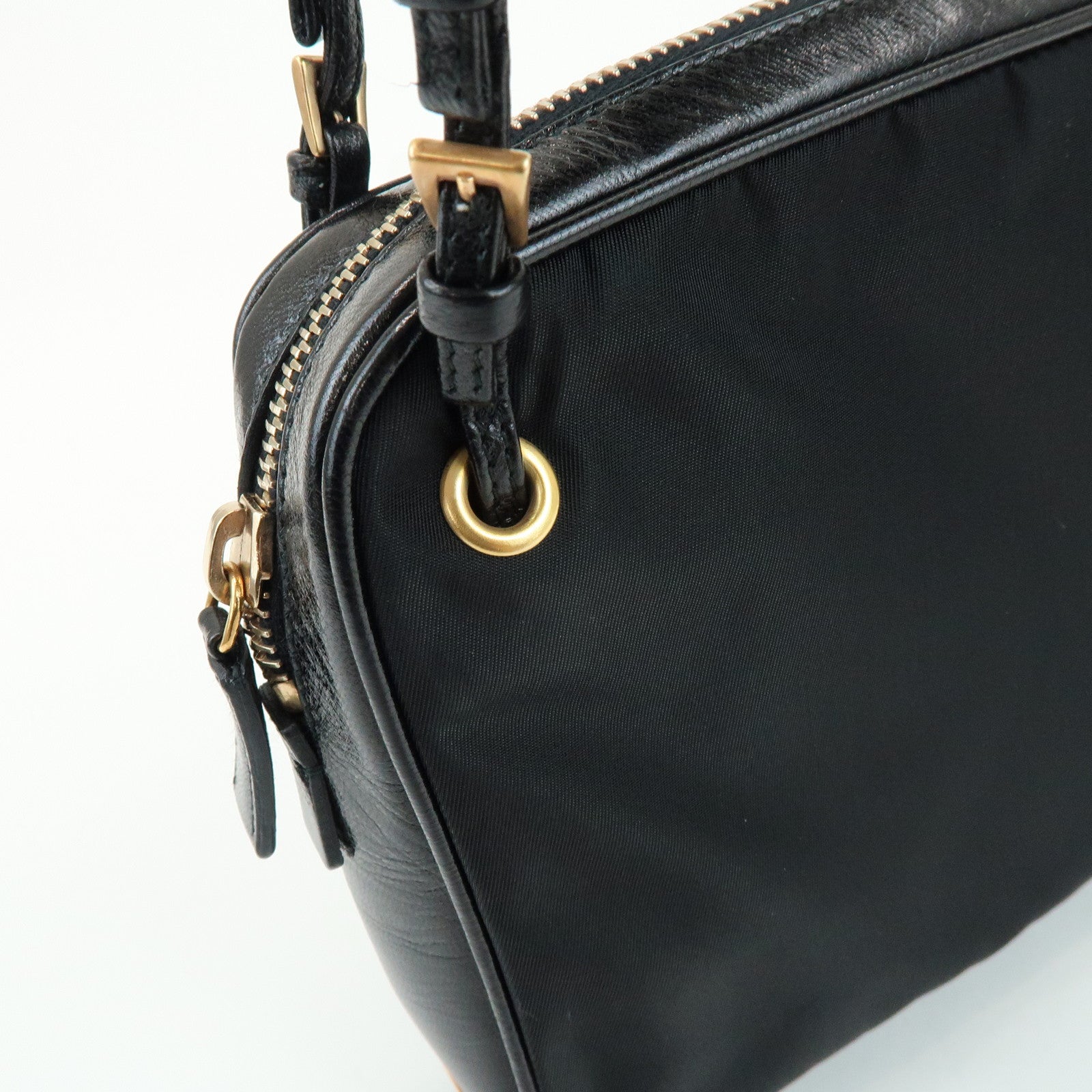 PRADA Triangle Logo Nylon Leather Shoulder Bag Black BN0218