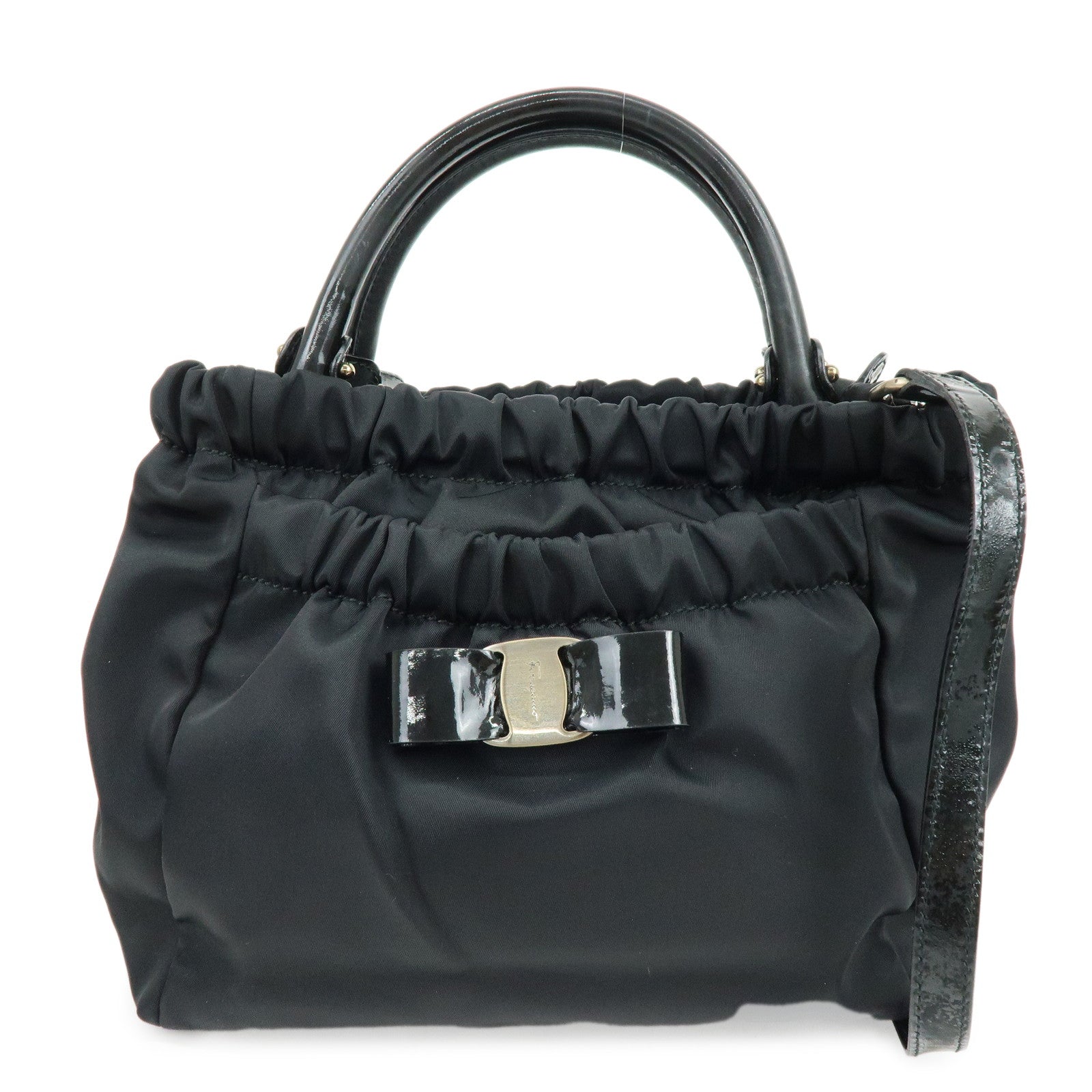 Ferragamo Vara Ribbon Nylon Patent Leather 2Way Bag Hand Bag Black
