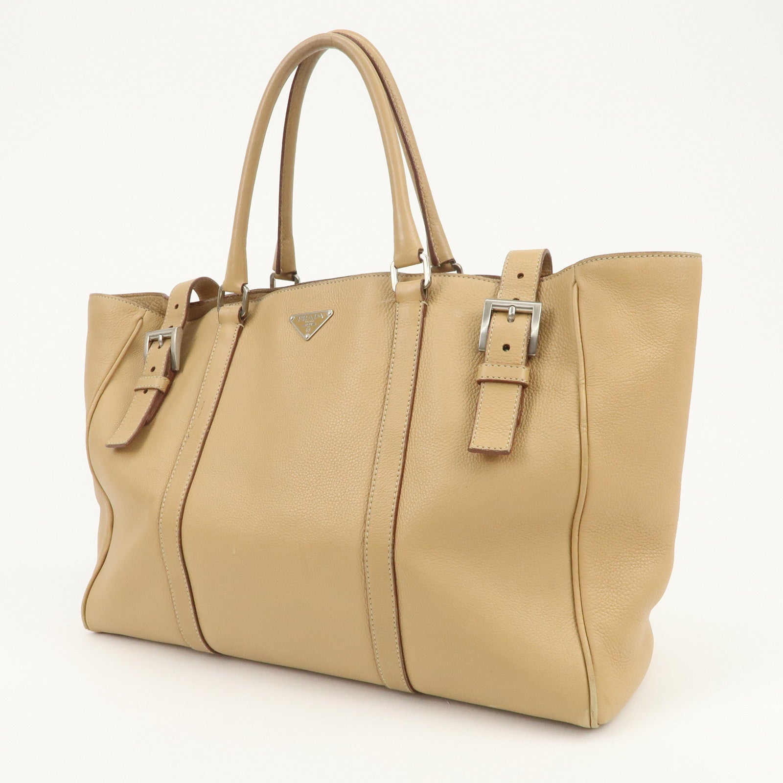 PRADA Triangle Logo Leather Shoulder Bag Hand Bag Beige
