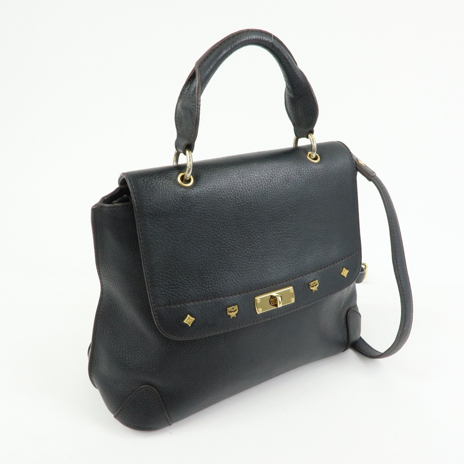MCM Leather 2Way Bag Hand Bag Shoulder Bag Crossbody Bag Black