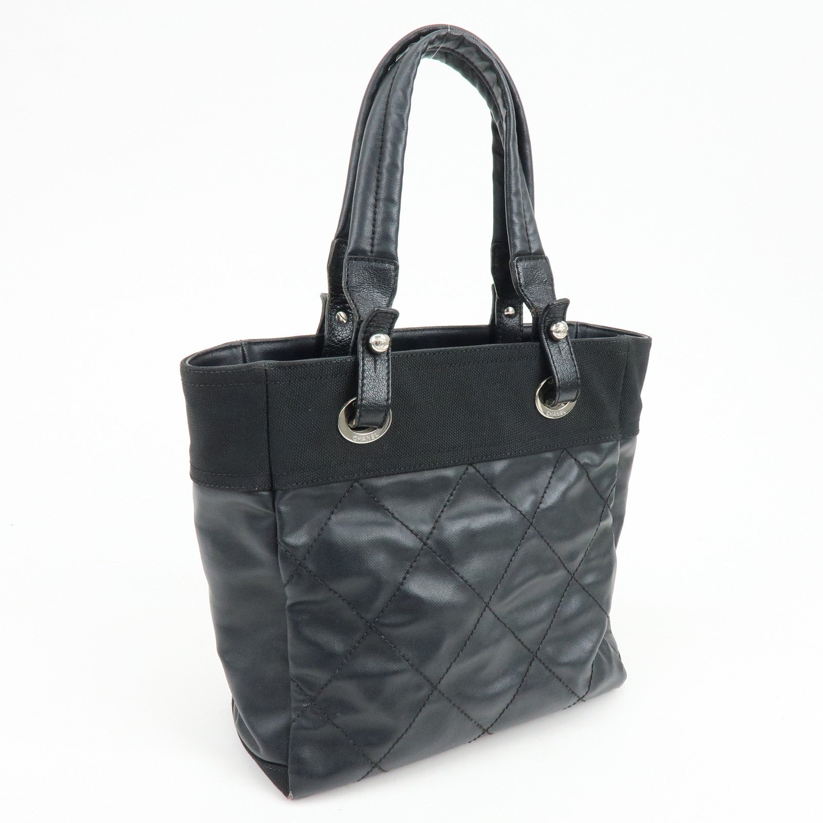 CHANEL Paris Biarritz PM PVC Leather Tote Bag Hand Bag Black A34208