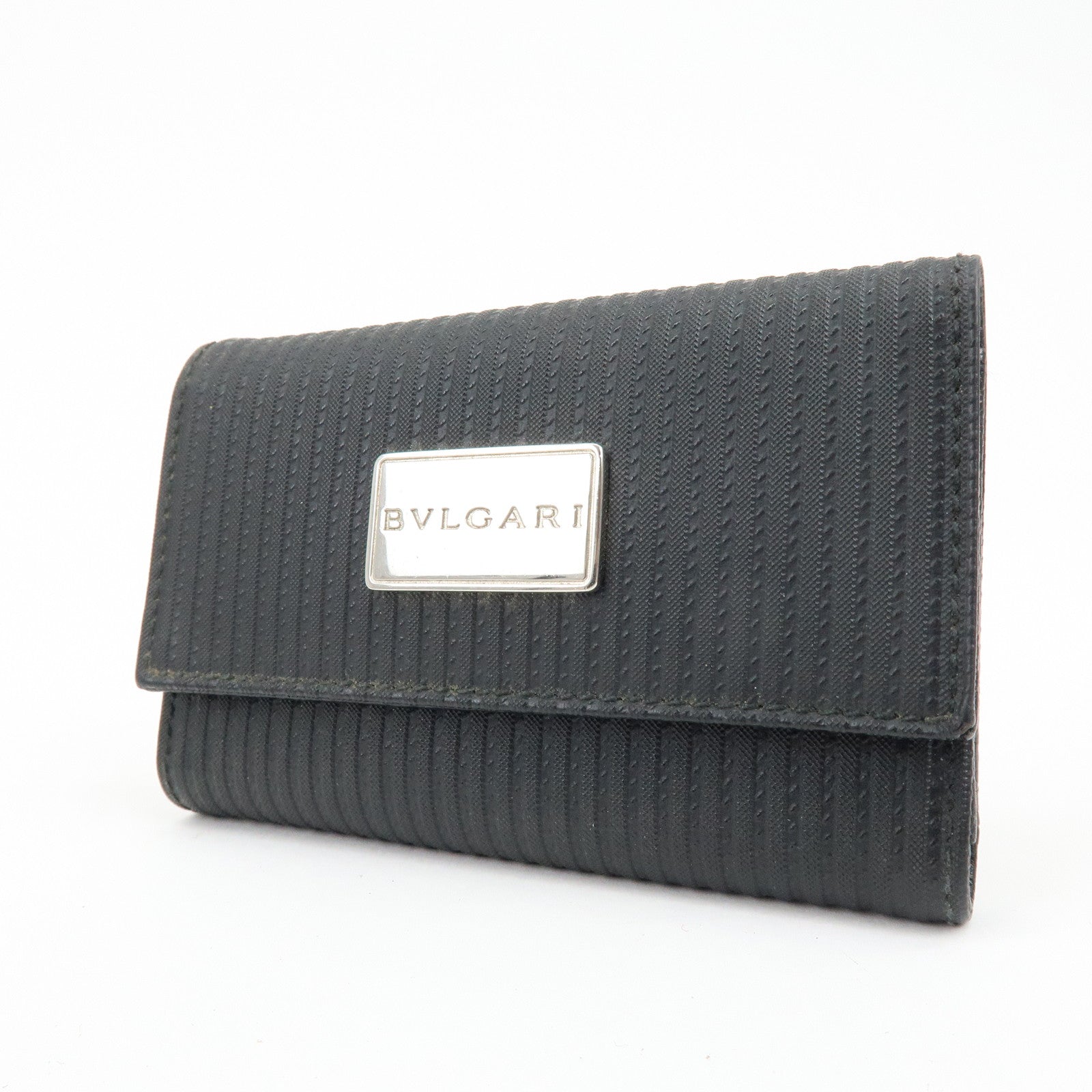 BVLGARI Millerighe Set of 2 PVC Leather Card Case Key Case Black