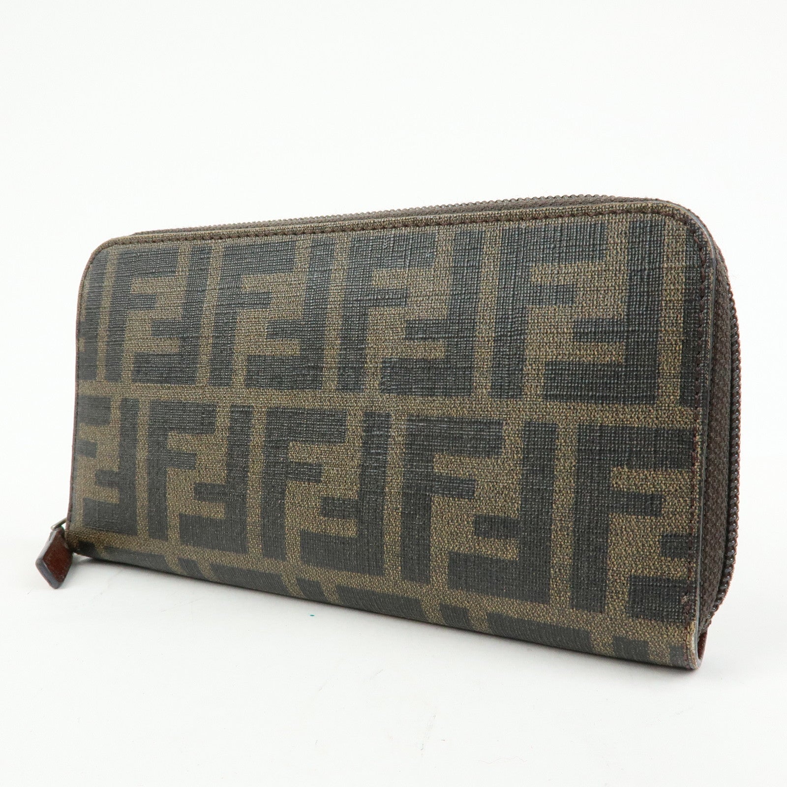 FENDI Zucchino Canvas Leather Round Zippy Long Wallet Brown 8M0024