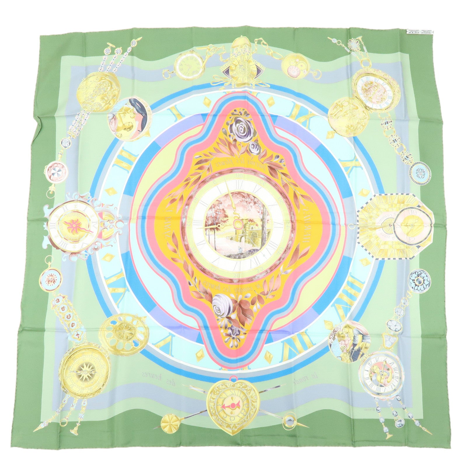 HERMES Carre 90 Silk 100% Scarf la ronde des heures Green Gray Pink