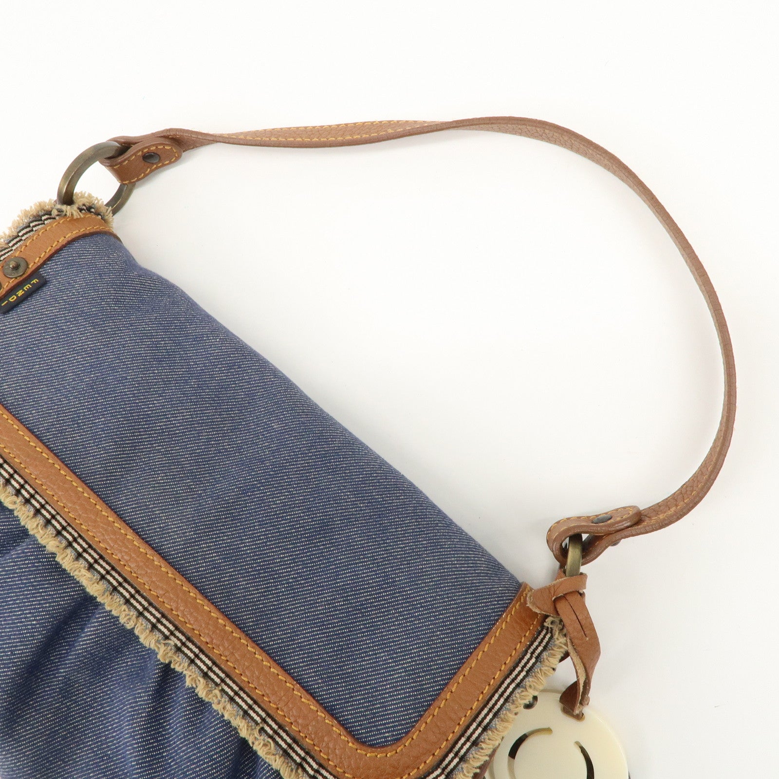 FENDI Denim Leather Shoulder Bag Hand Bag Indigo Brown 8BR445 Used