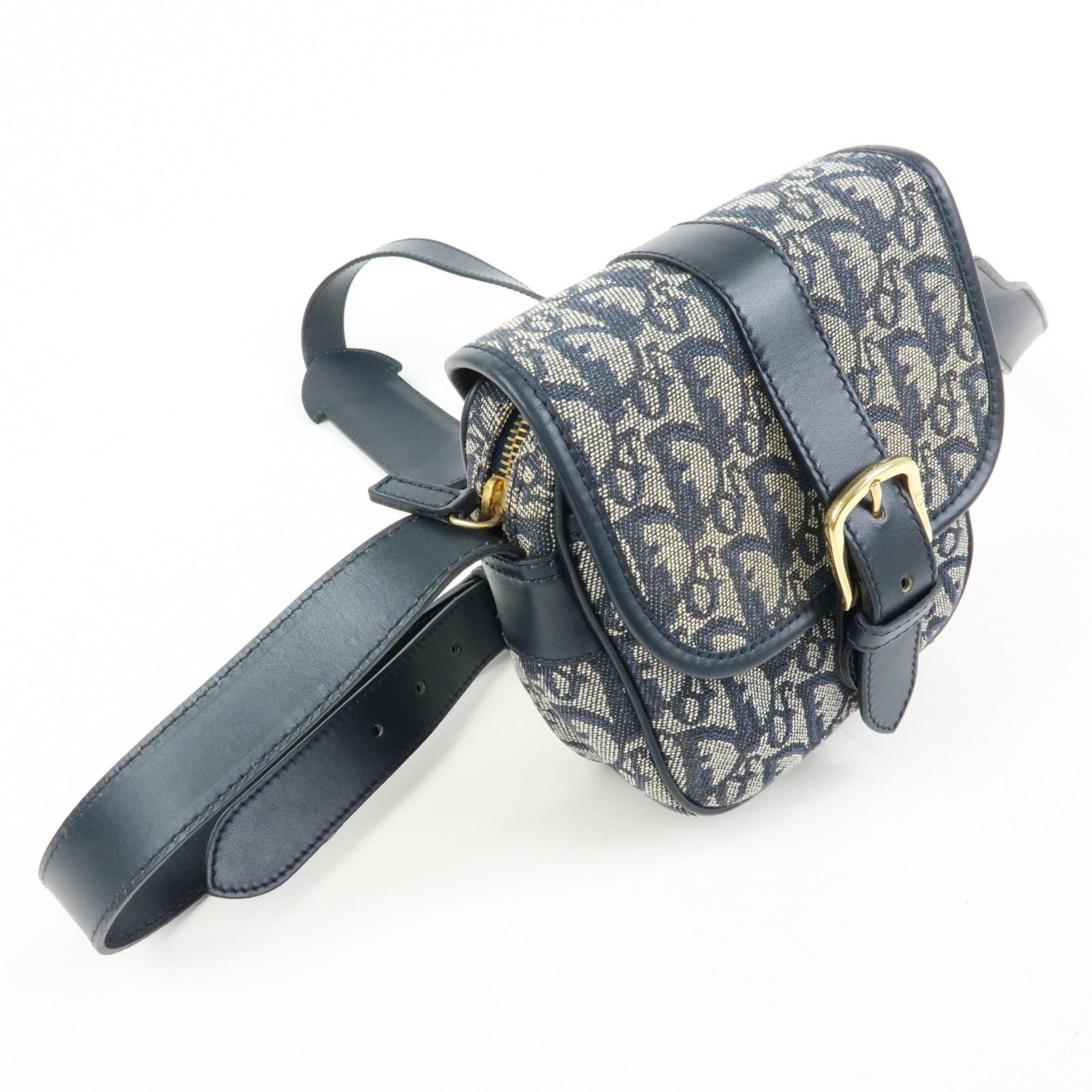 Christian Dior Trotter Jacquard Leather Shoulder Crossbody Bag Navy