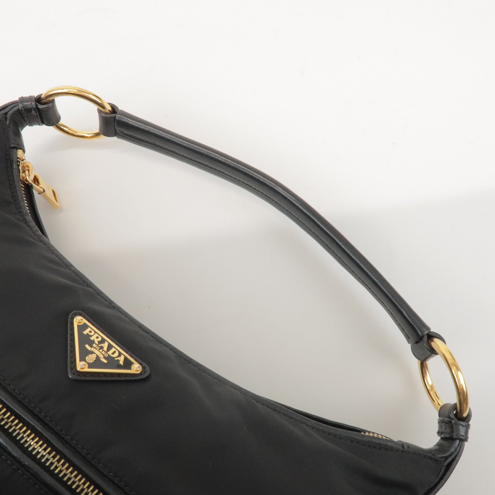 PRADA Triangle Logo Nylon Leather Shoulder Bag Black