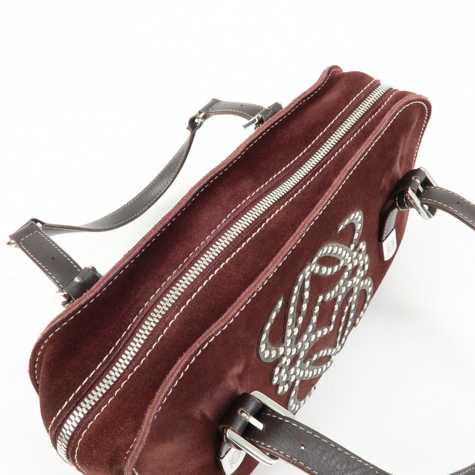 LOEWE Anagram Suede Leather Studs Hand Bag Bordeaux