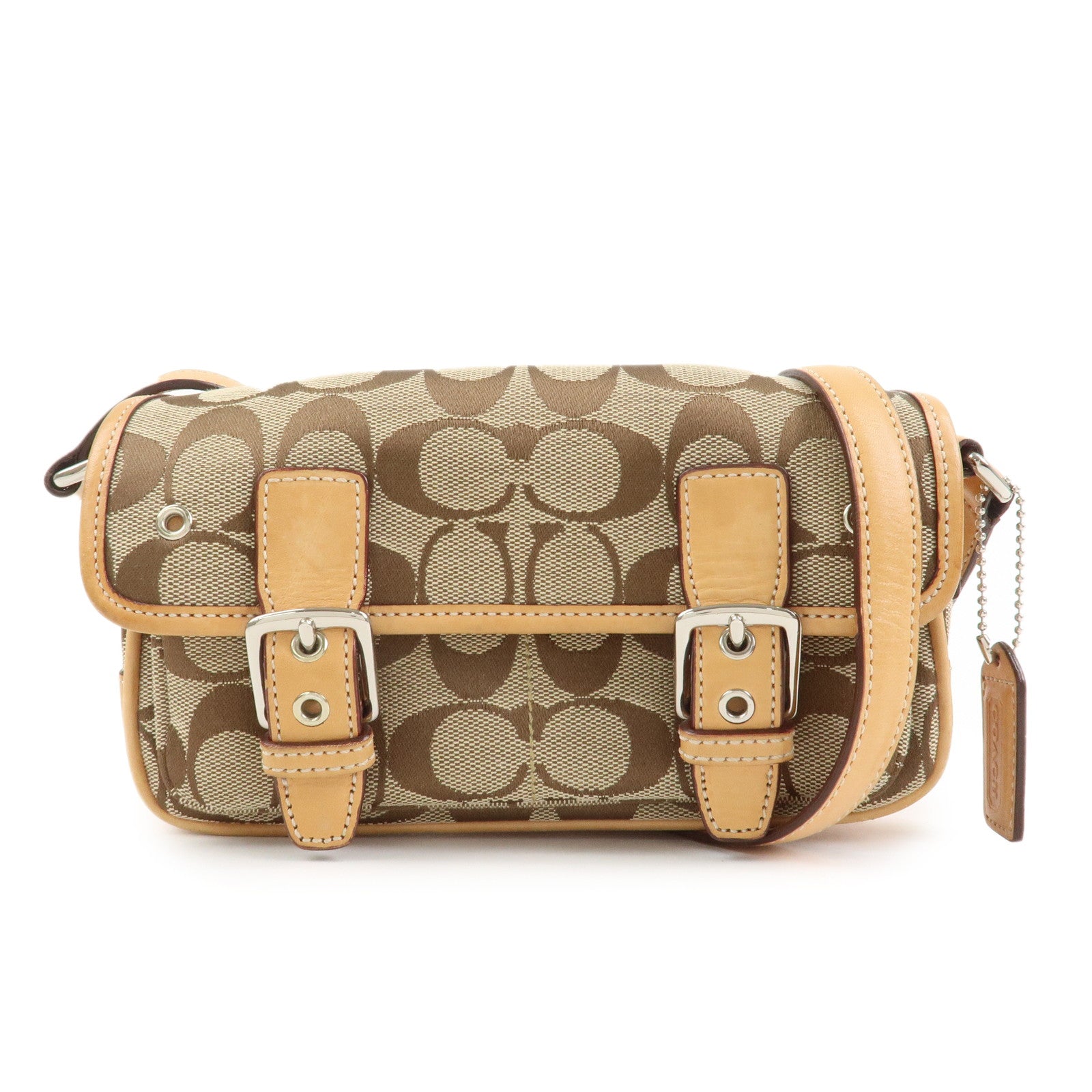 COACH Signature Canvas Leather Shoulder Bag Beige Light Brown