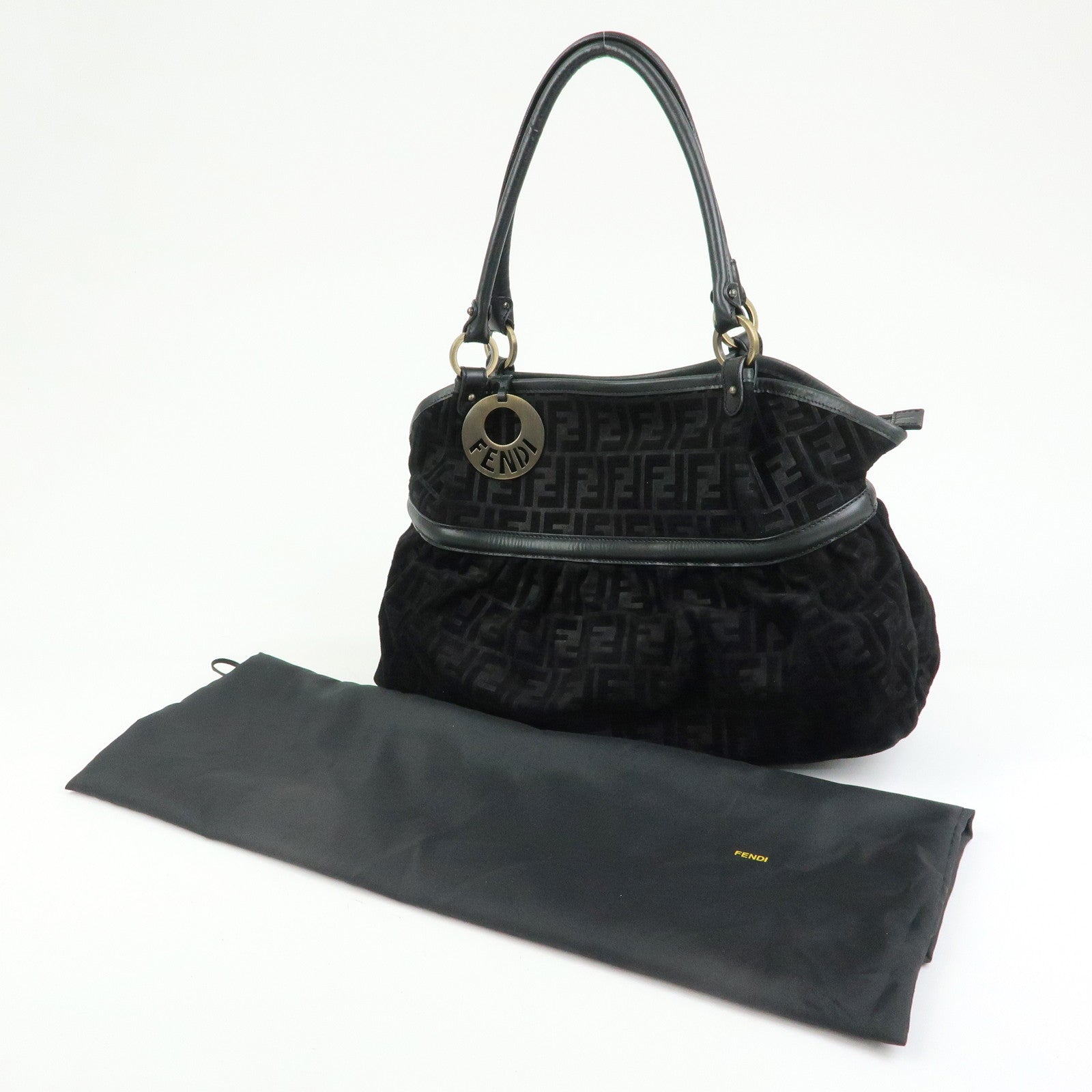 FENDI Zucca Suede Leather Gathered Shoulder Bag Black 8BH186