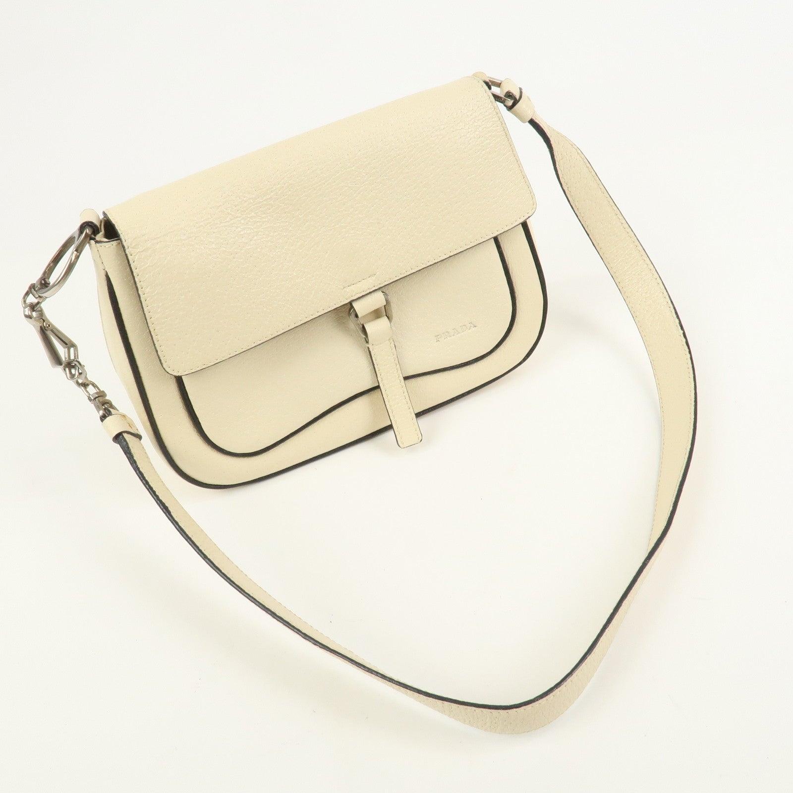 PRADA Logo Leather Shoulder Bag Hand Bag Ivory