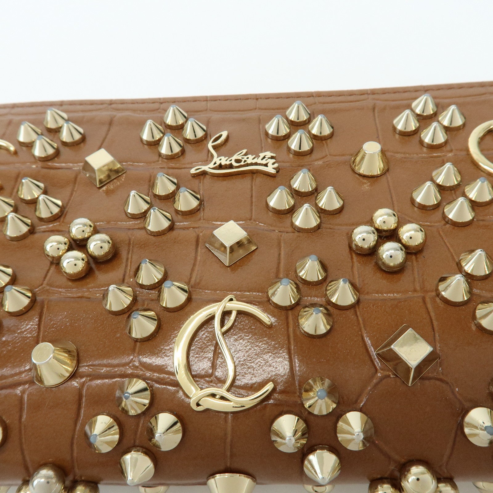 Christian Louboutin Embossed Leather Long Wallet Studs Brown