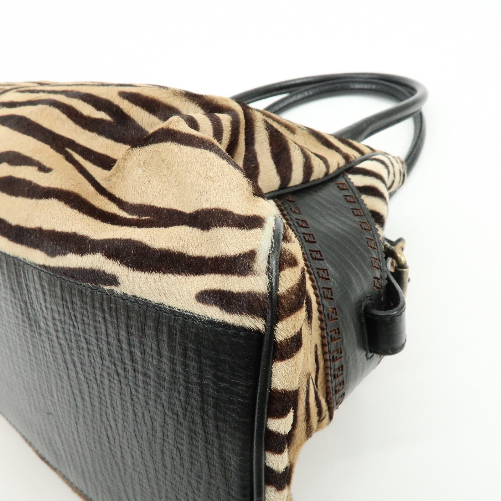 FENDI Etnico Calf Hair Leather Tote Bag Shoulder Bag Brown 8BN162