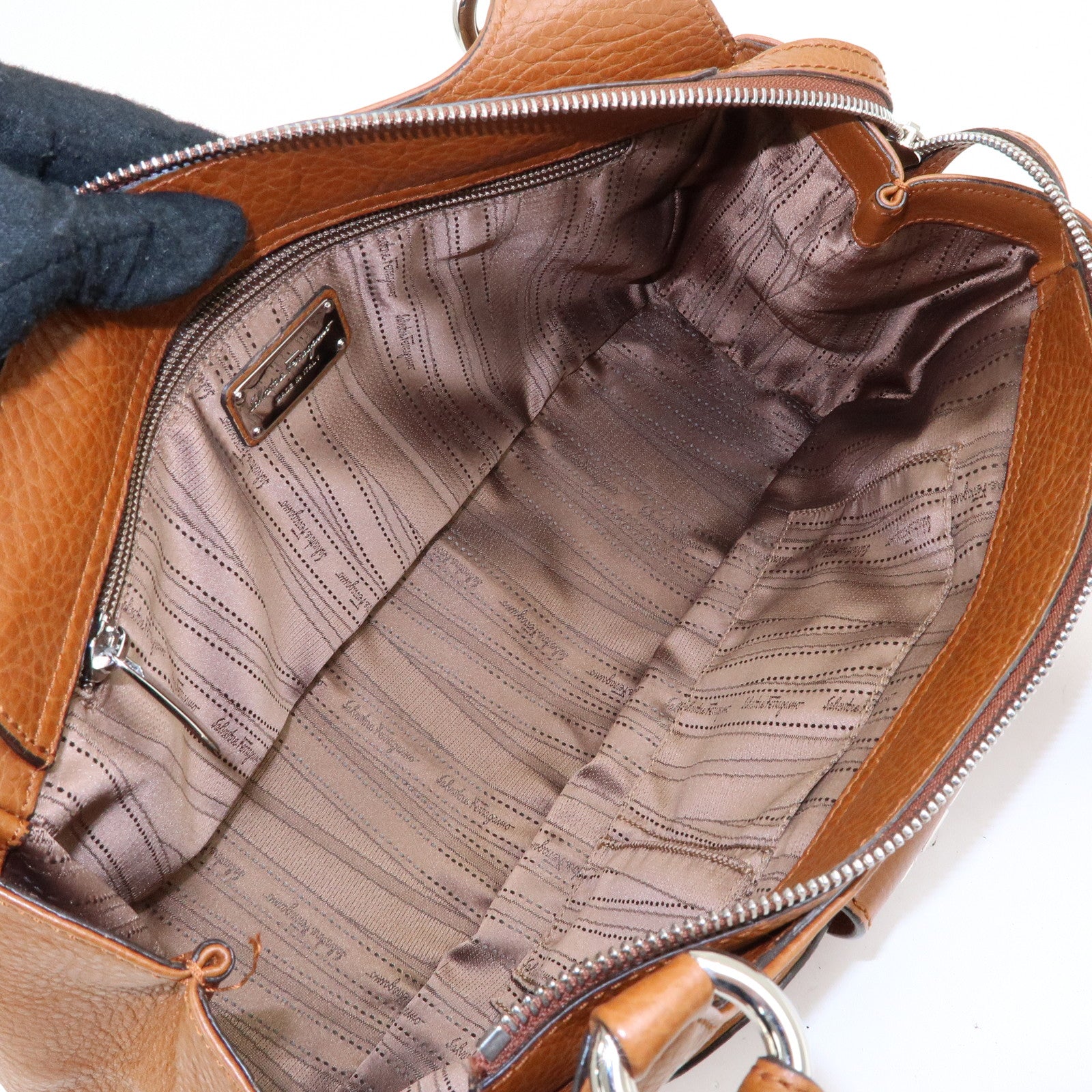 Ferragamo Gancini Leather Pleated Shoulder Bag Hand Bag Brown