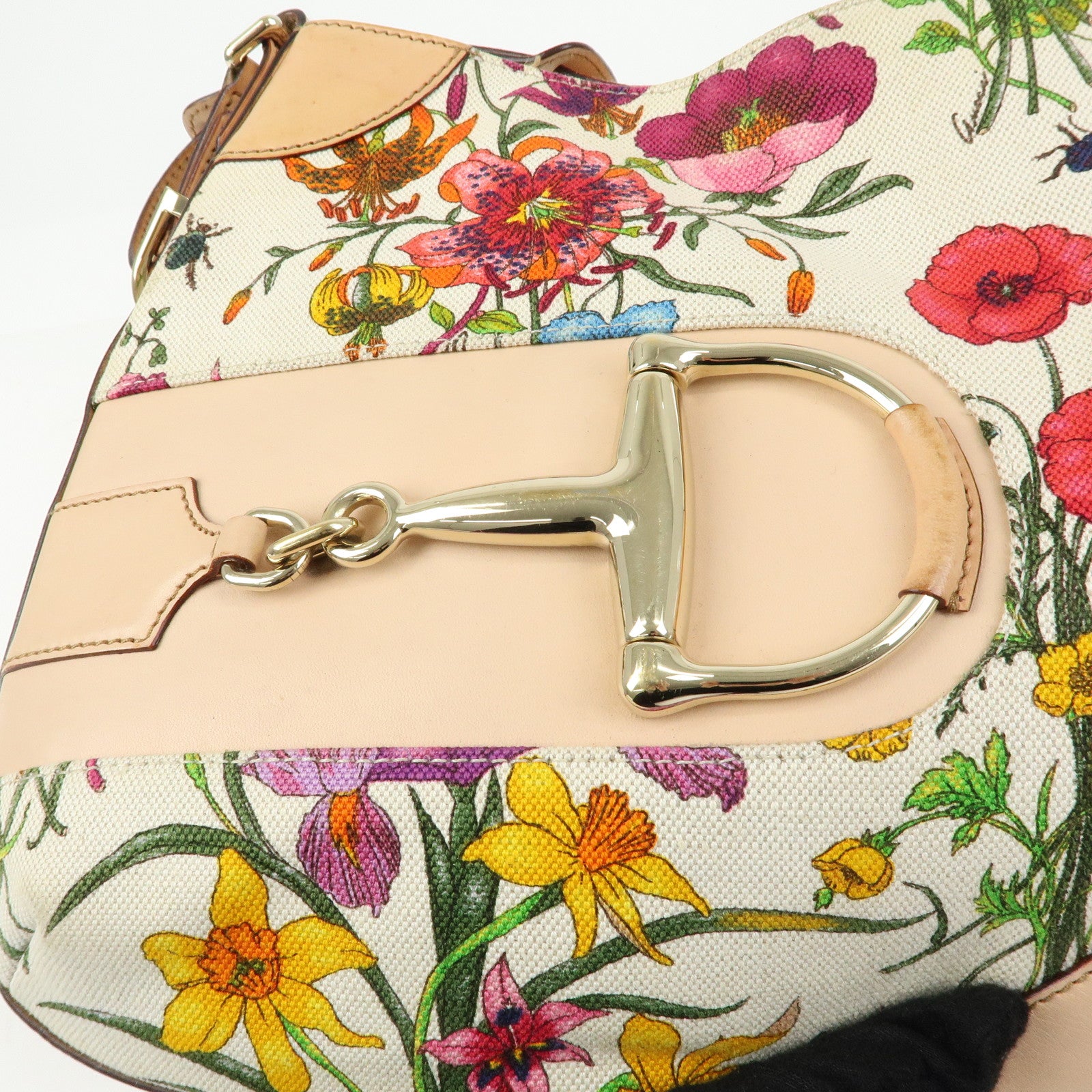 GUCCI Horsebit Flora Leather Canvas Shoulder Bag Beige White 137388