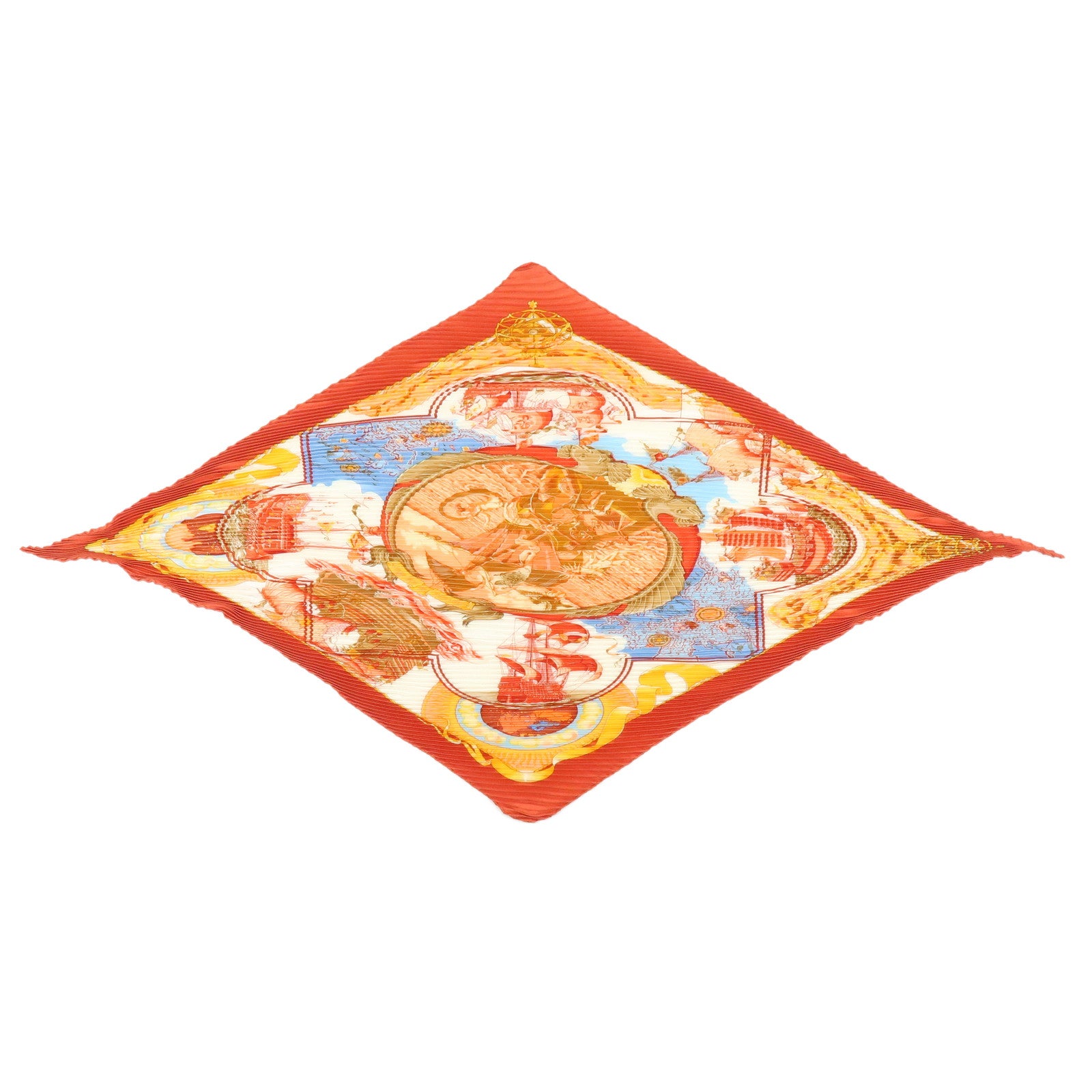 HERMES Pleated Carre Silk 100% Scarf Au-dela Des Cinq Mers Orange