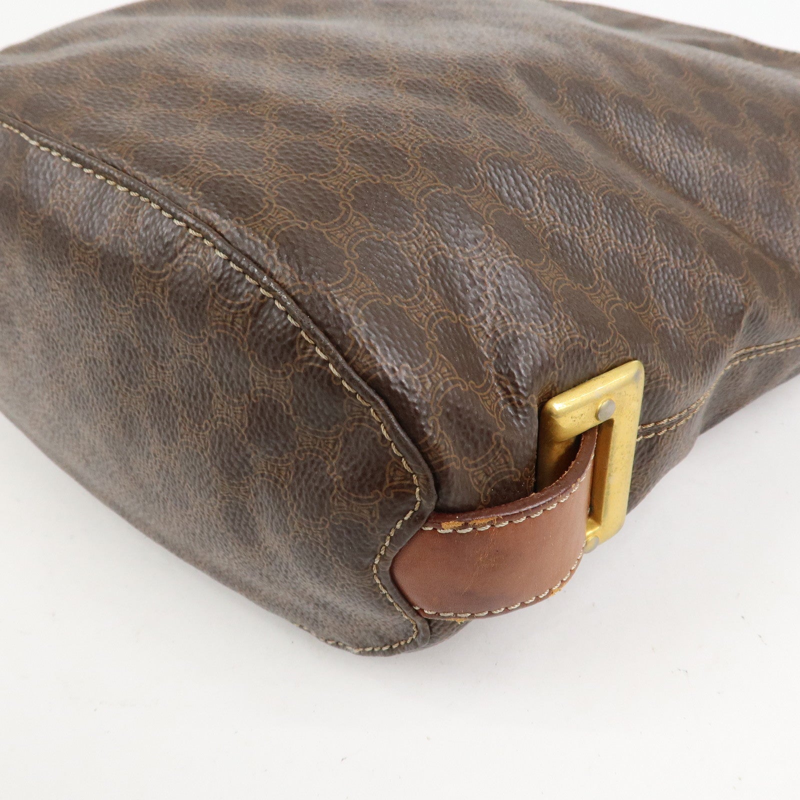 CELINE Macadam PVC Canvas Leather Shoulder Bag Brown Gold Hardware