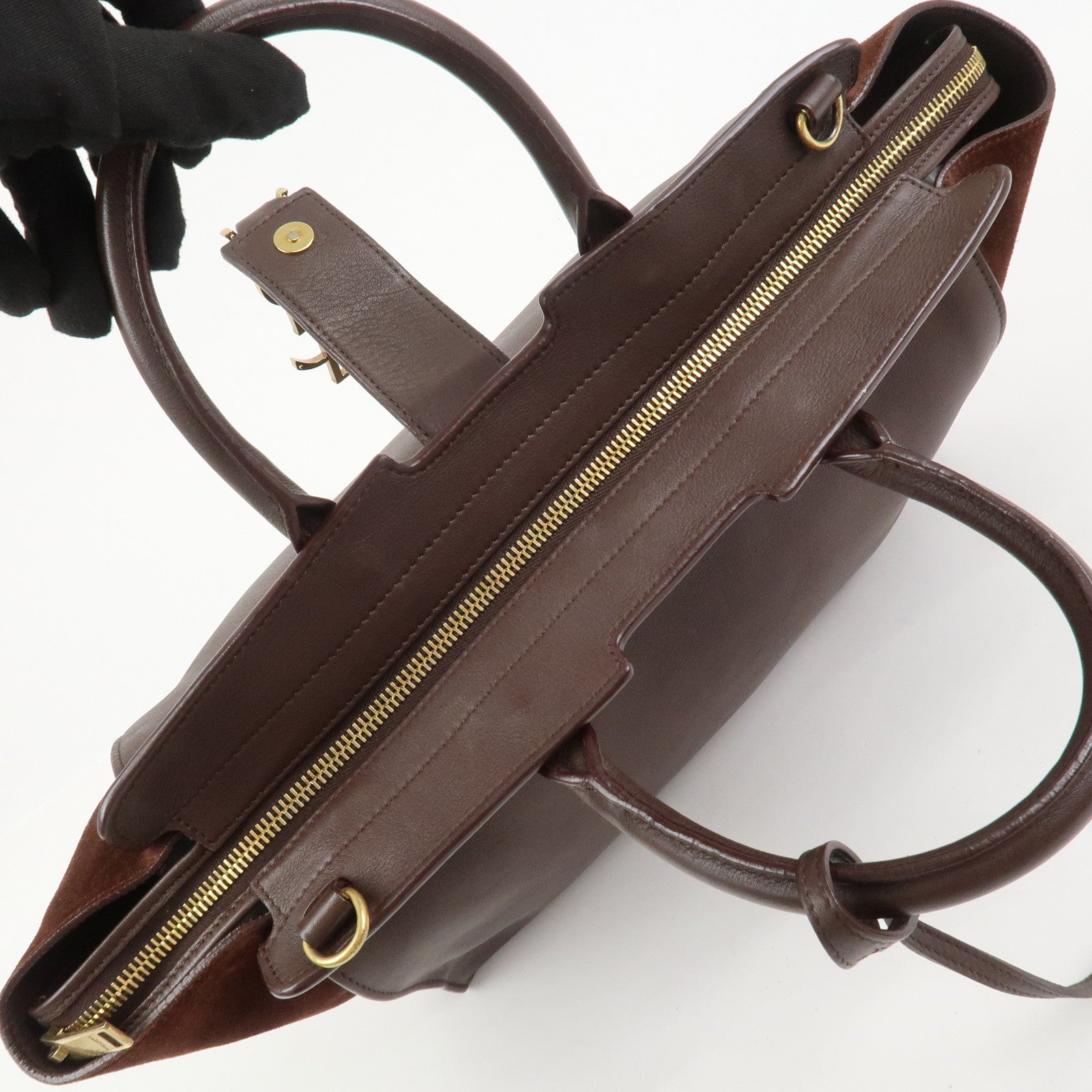 SAINT LAURENT Downtown Cabas Leather Suede 2WAY Bag Hand Bag Brown