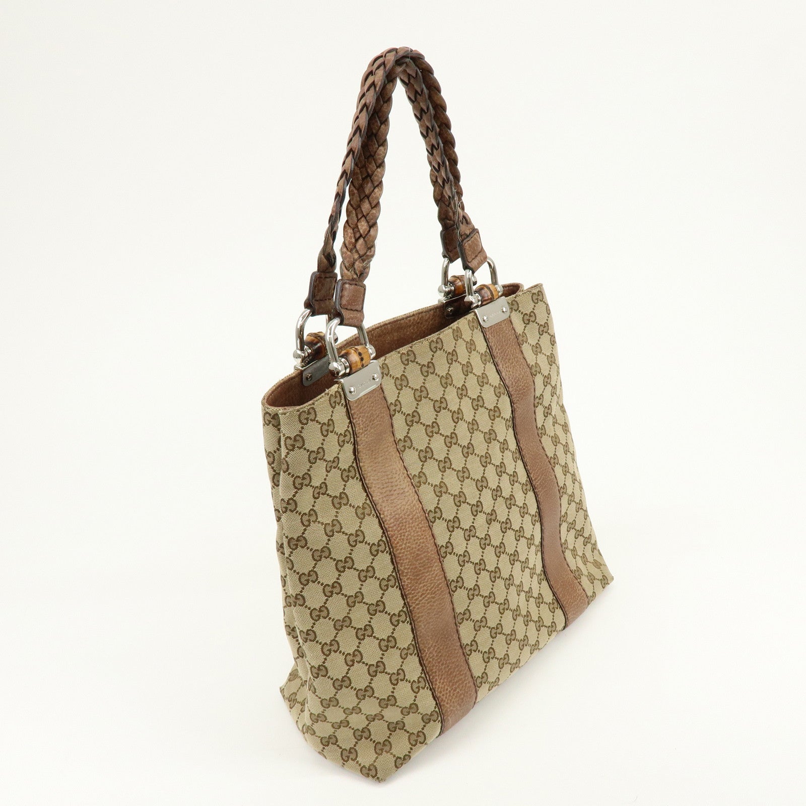 GUCCI Bamboo GG Canvas Leather Tote Bag Shoulder Bag Beige 232946