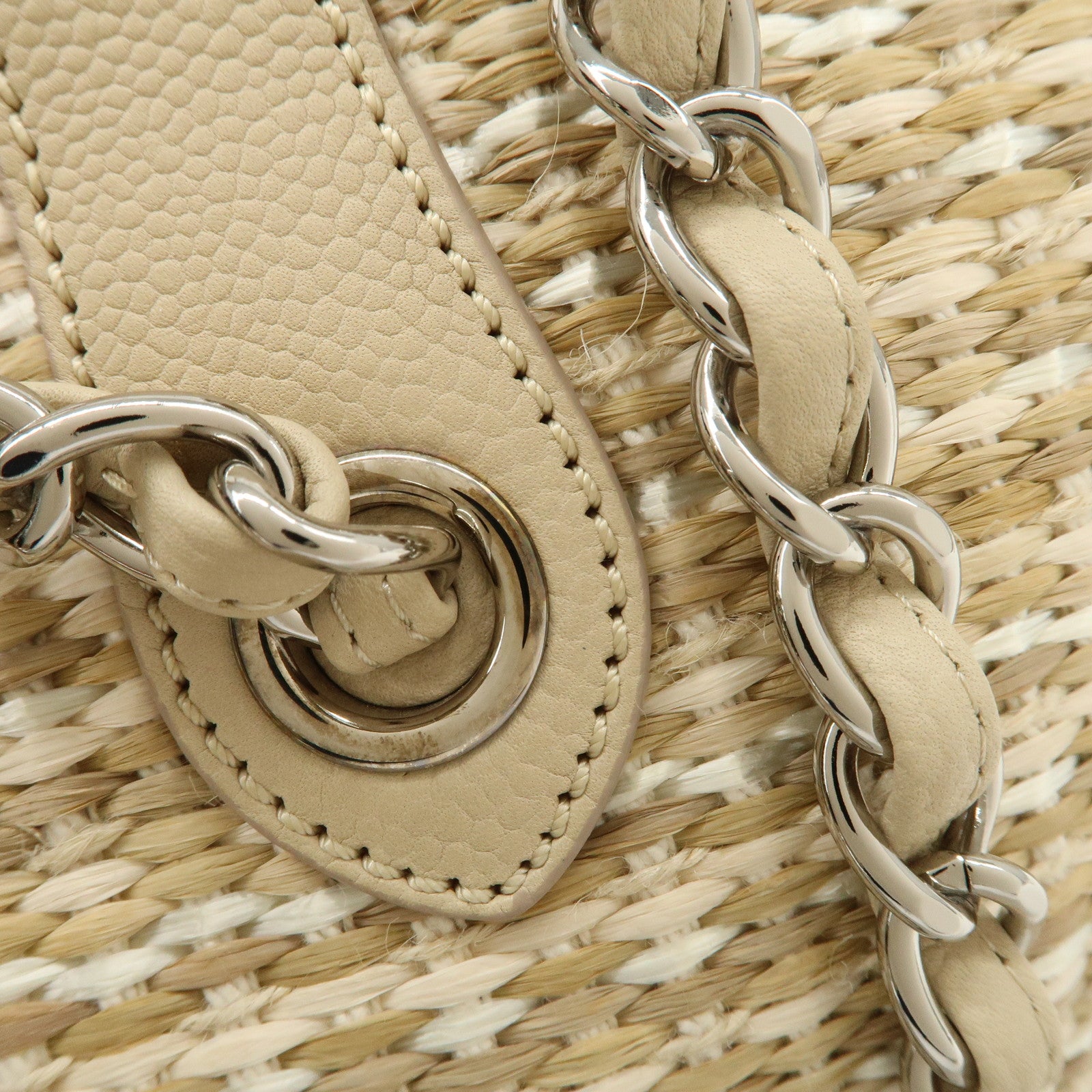 CHANEL Lether Raffia 2Way Bag Shoulder Bag Hand Bag Beige