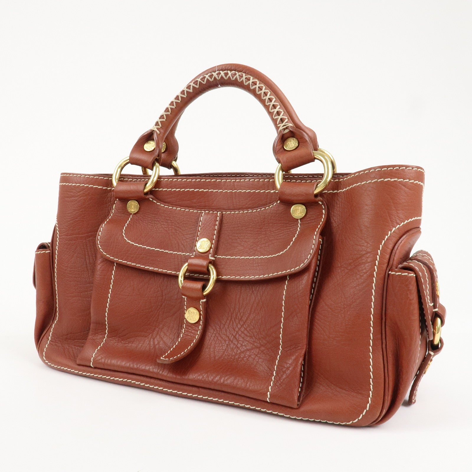 CELINE Leather Boogie Bag Hand Bag Brown Gold HDW Used
