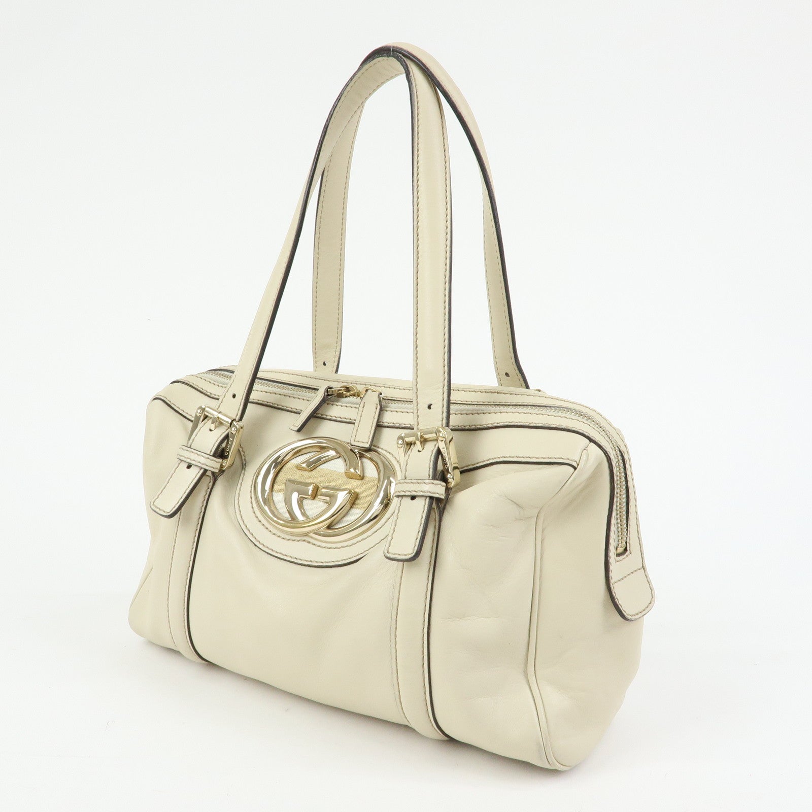 GUCCI Interlocking G Sherry Leather Boston Hand Bag Ivory 170009