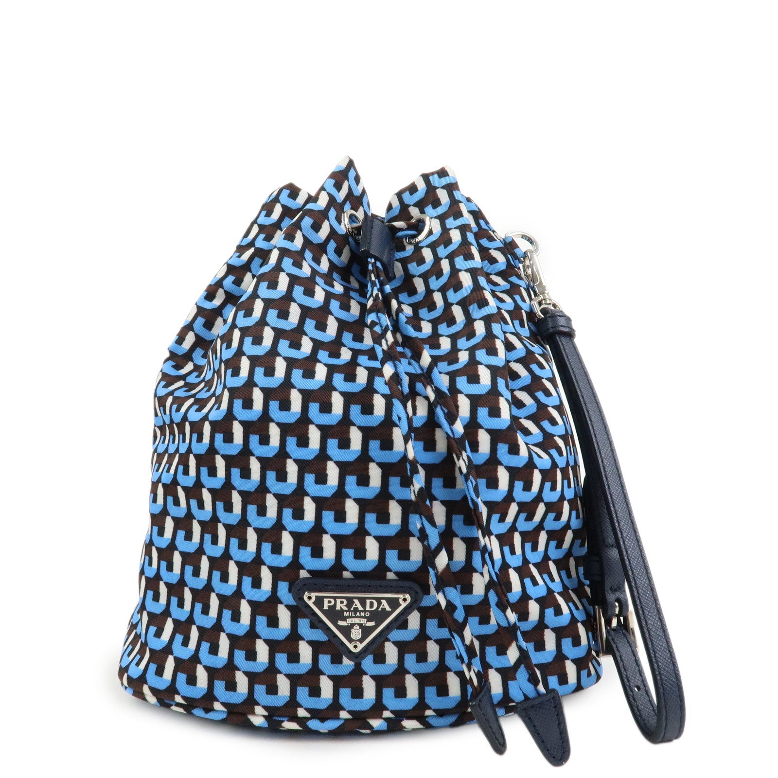 PRADA Triangle Logo Nylon Leather Drawstring Bag Wristlet 1NE369