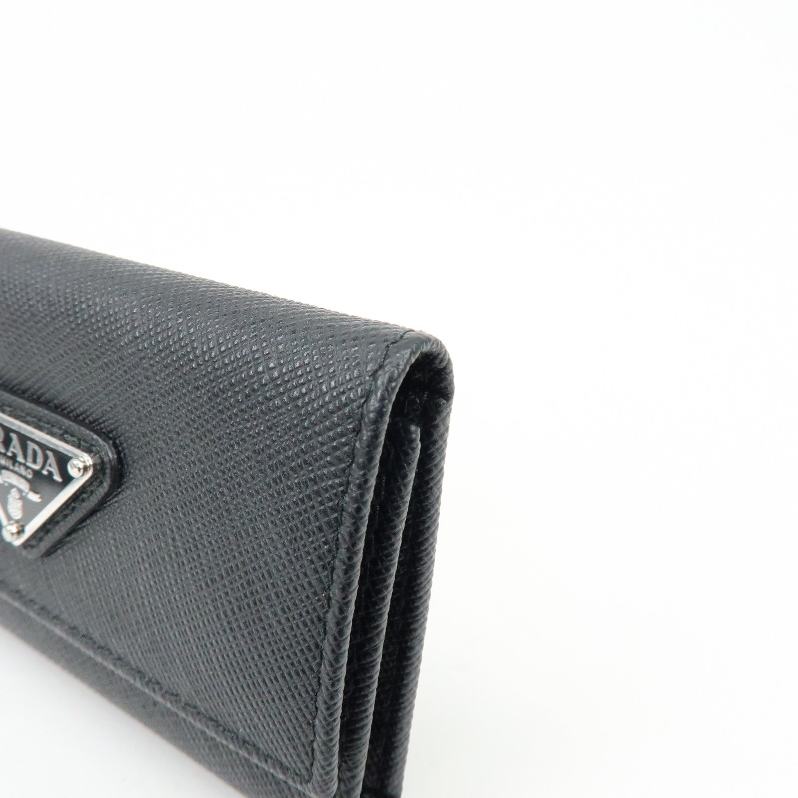 PRADA Triangle Logo Saffiano Leather Key Case Key Ring Black 1PG004
