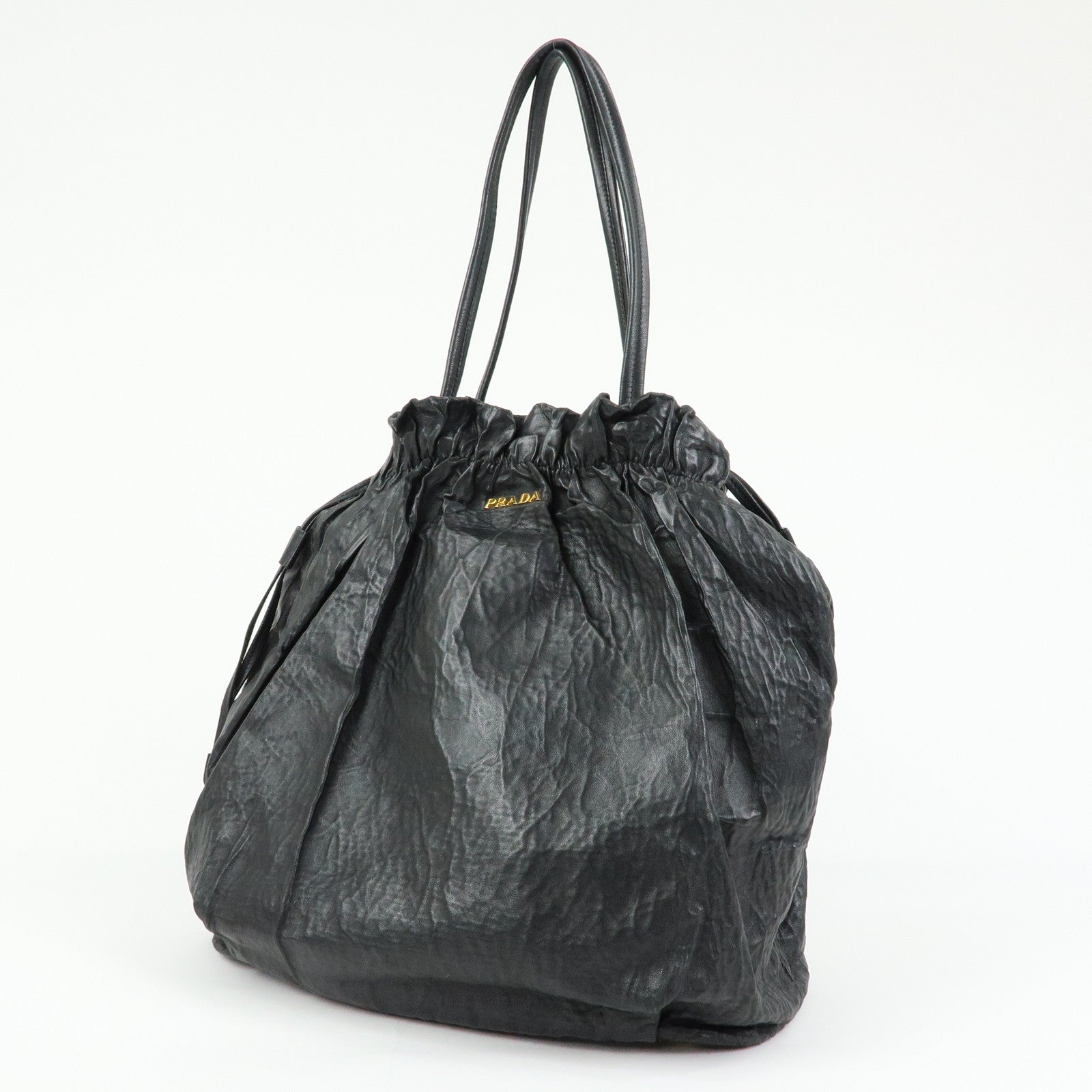 PRADA Leather Drawstring Shoulder Bag Hand Bag Black