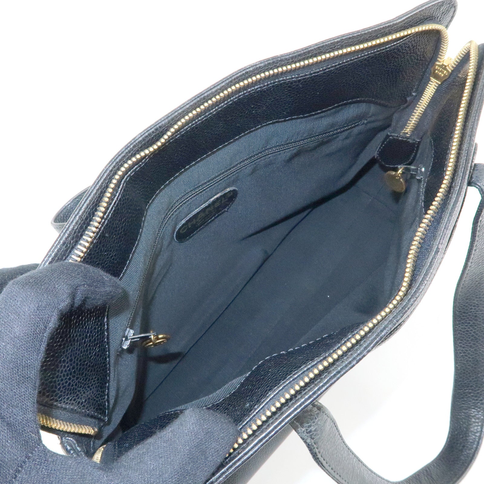 CHANEL Logo Caviarskin Tote Bag Hand Bag Black