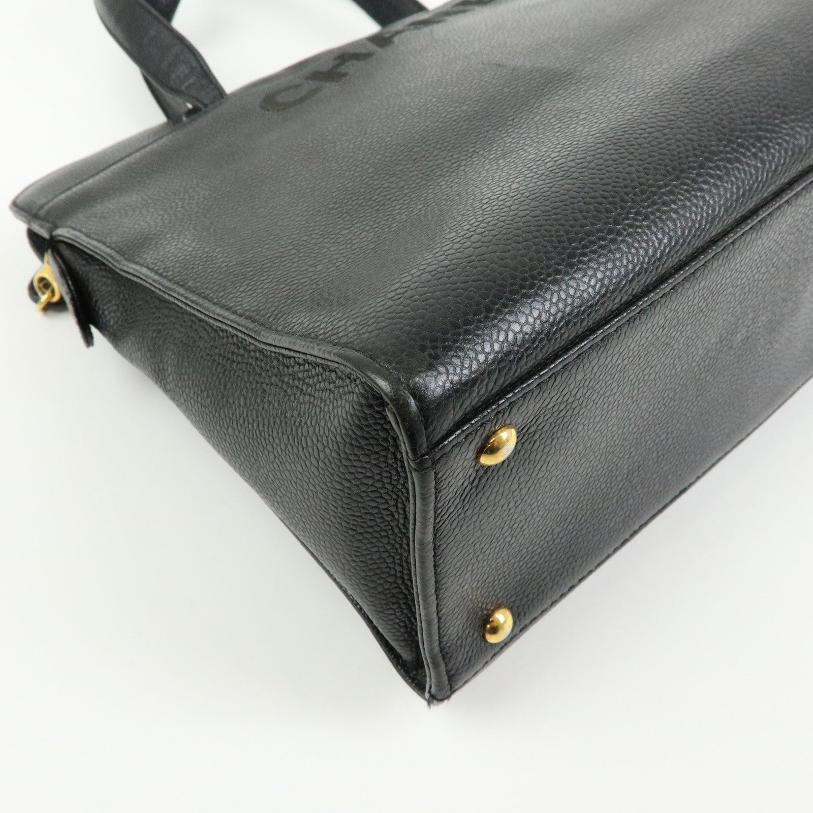 CHANEL Logo Caviarskin Tote Bag Hand Bag Black