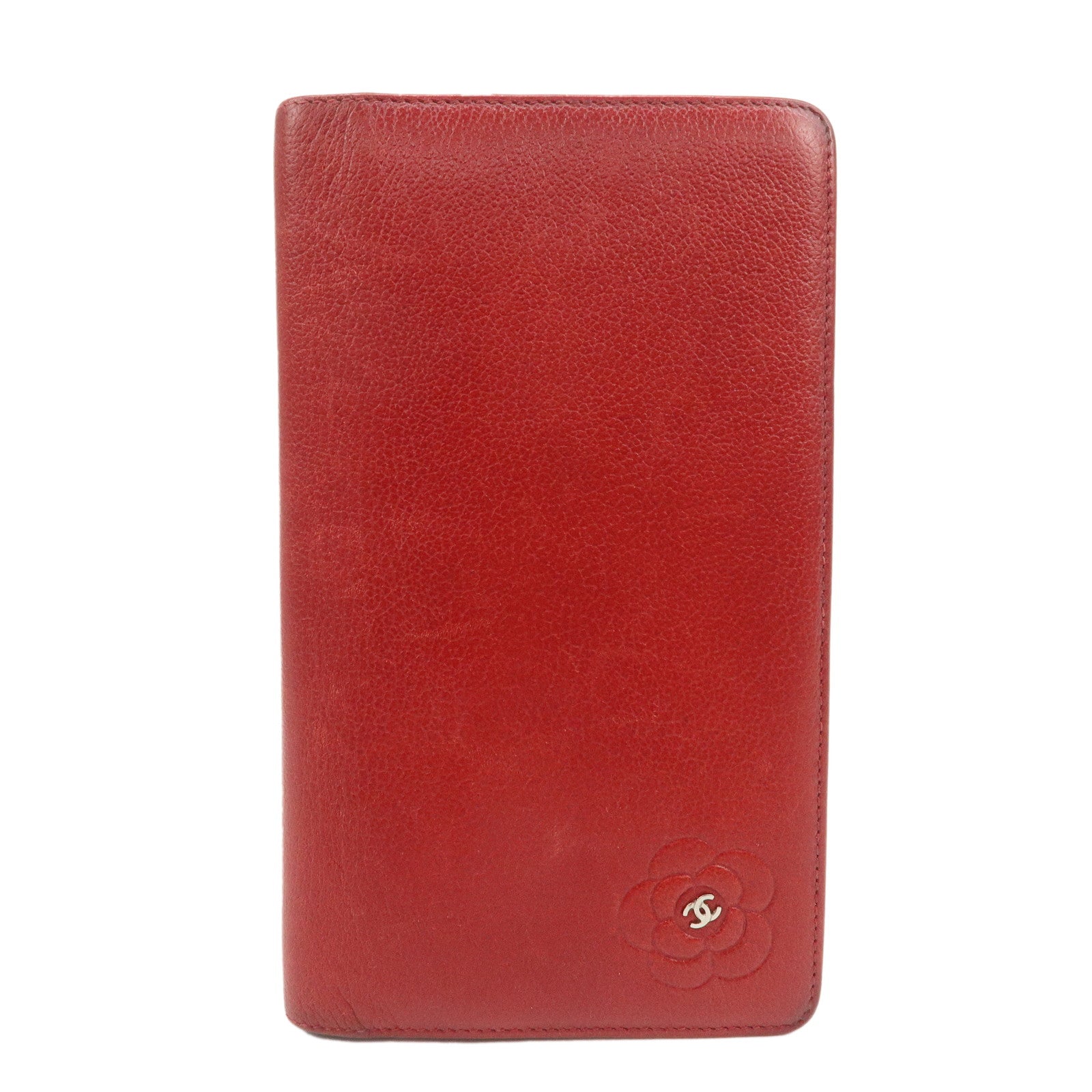 CHANEL COCO Mark Camellia Logo Leather Flap Long Wallet Red