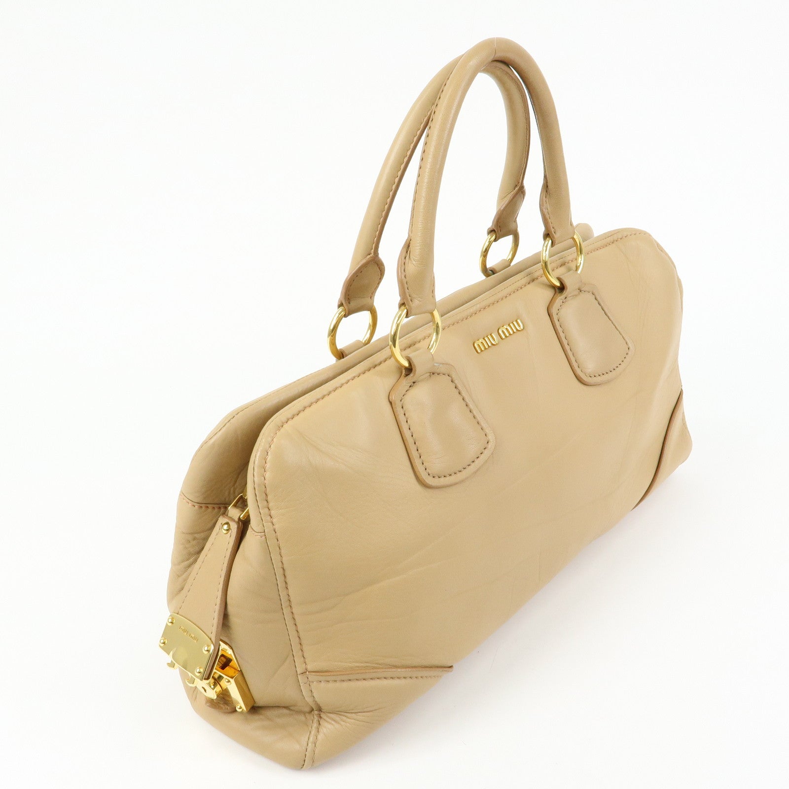 MIU MIU Logo Leather Hand Bag Boston Bag Beige