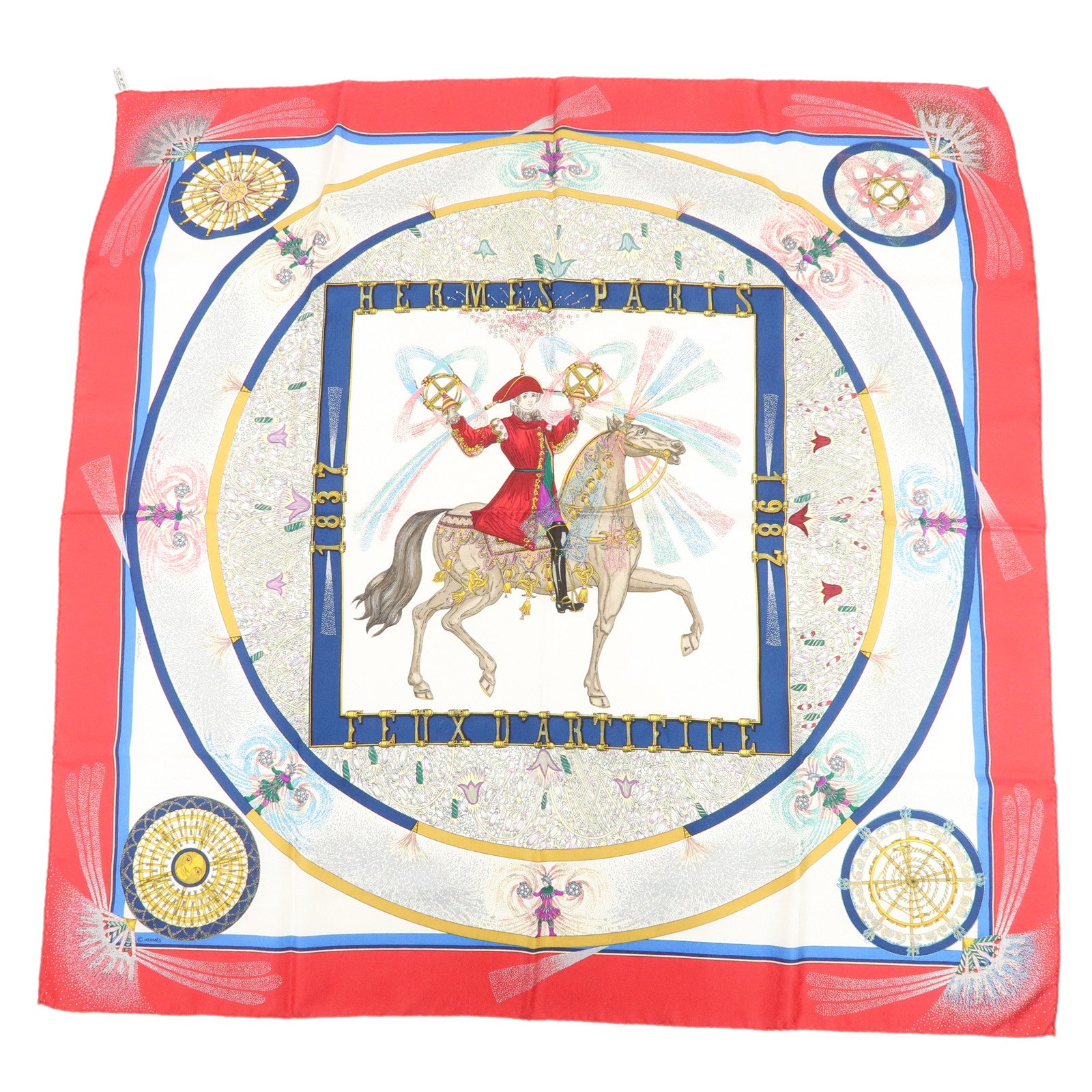 HERMES Carre 90 Silk 100% Scarf FEUX D’ARTIFICE Red White