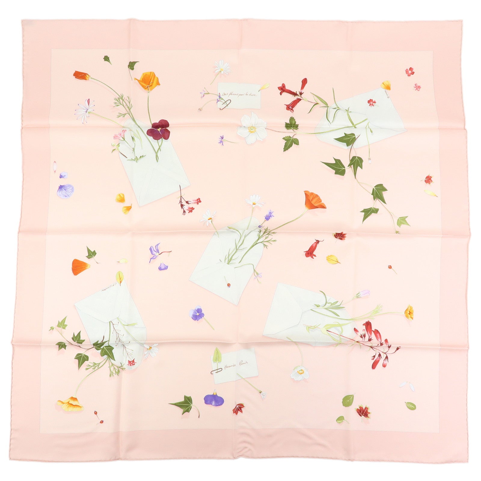 HERMES Carre 90 Silk 100% Scarf Des Fleurs Pour Le Dire Light Pink