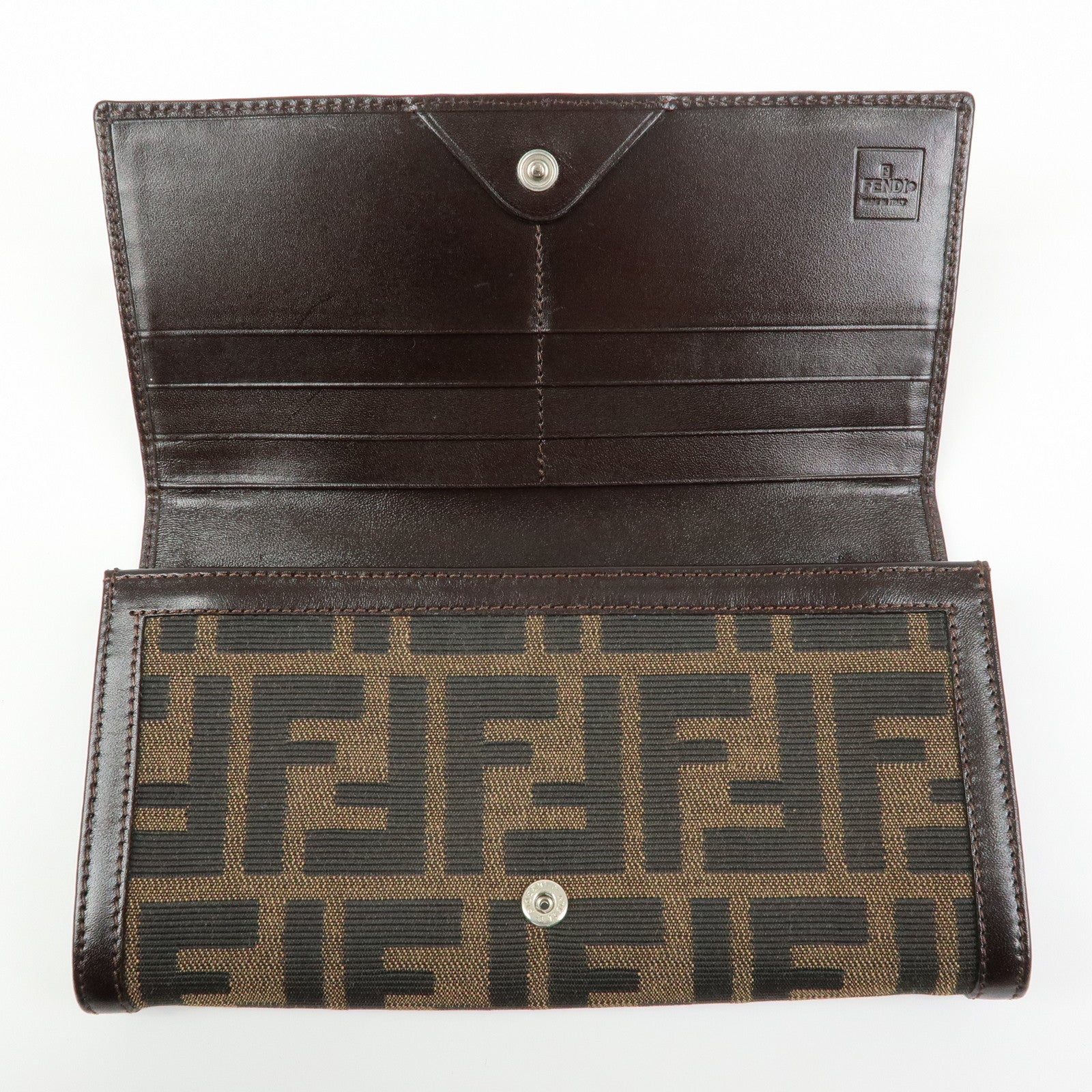 FENDI Zucca Canvas Leather Bi-fold Long Wallet Brown 30851
