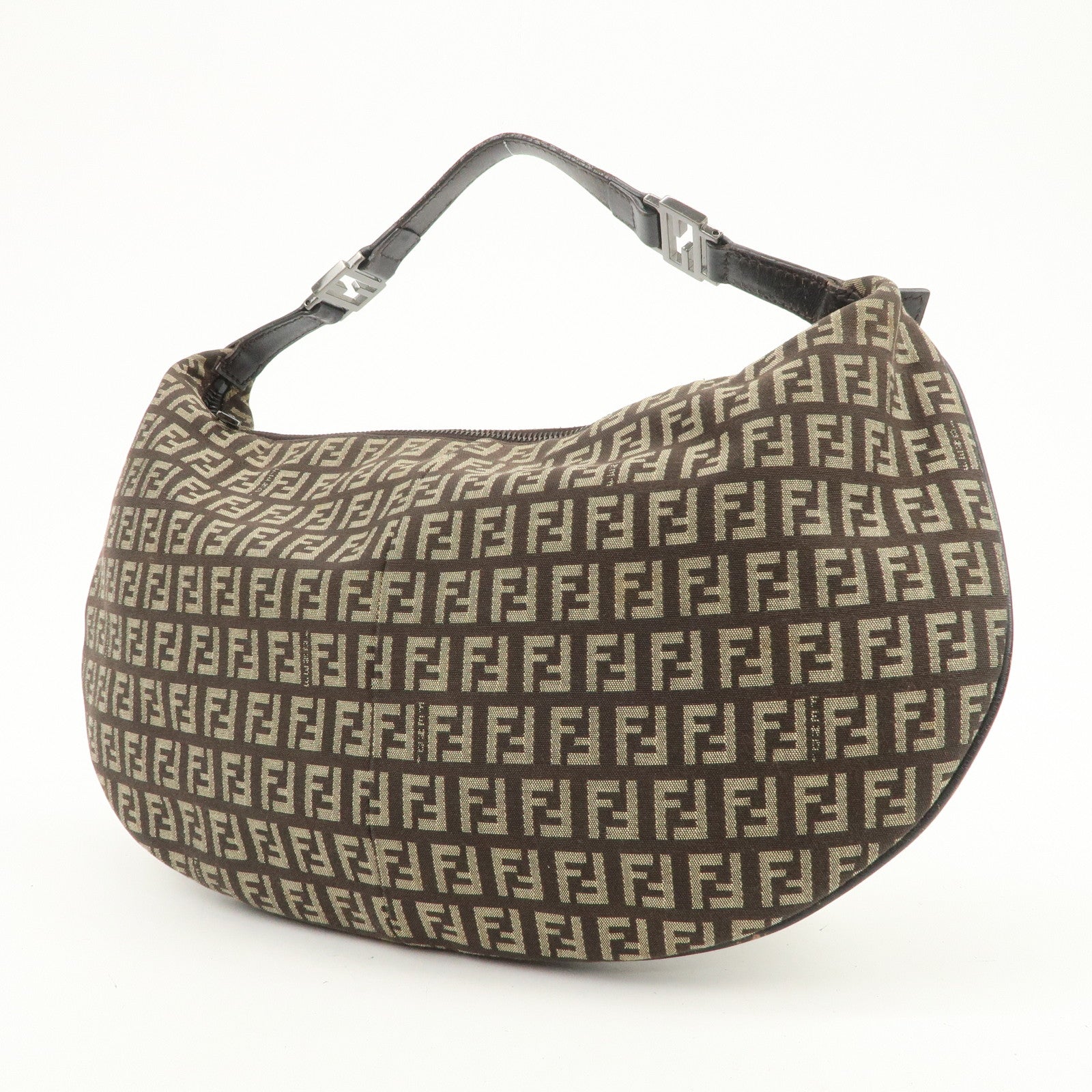 FENDI Zucchino Canvas Leather Hand Bag Shoulder Bag Brown 8BR441