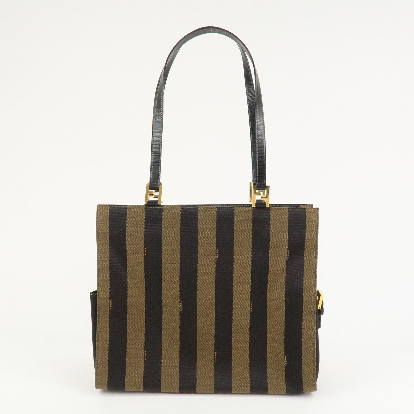 FENDI Pequin Canvas Leather Tote Bag Shoulder Bag Black Brown 26397