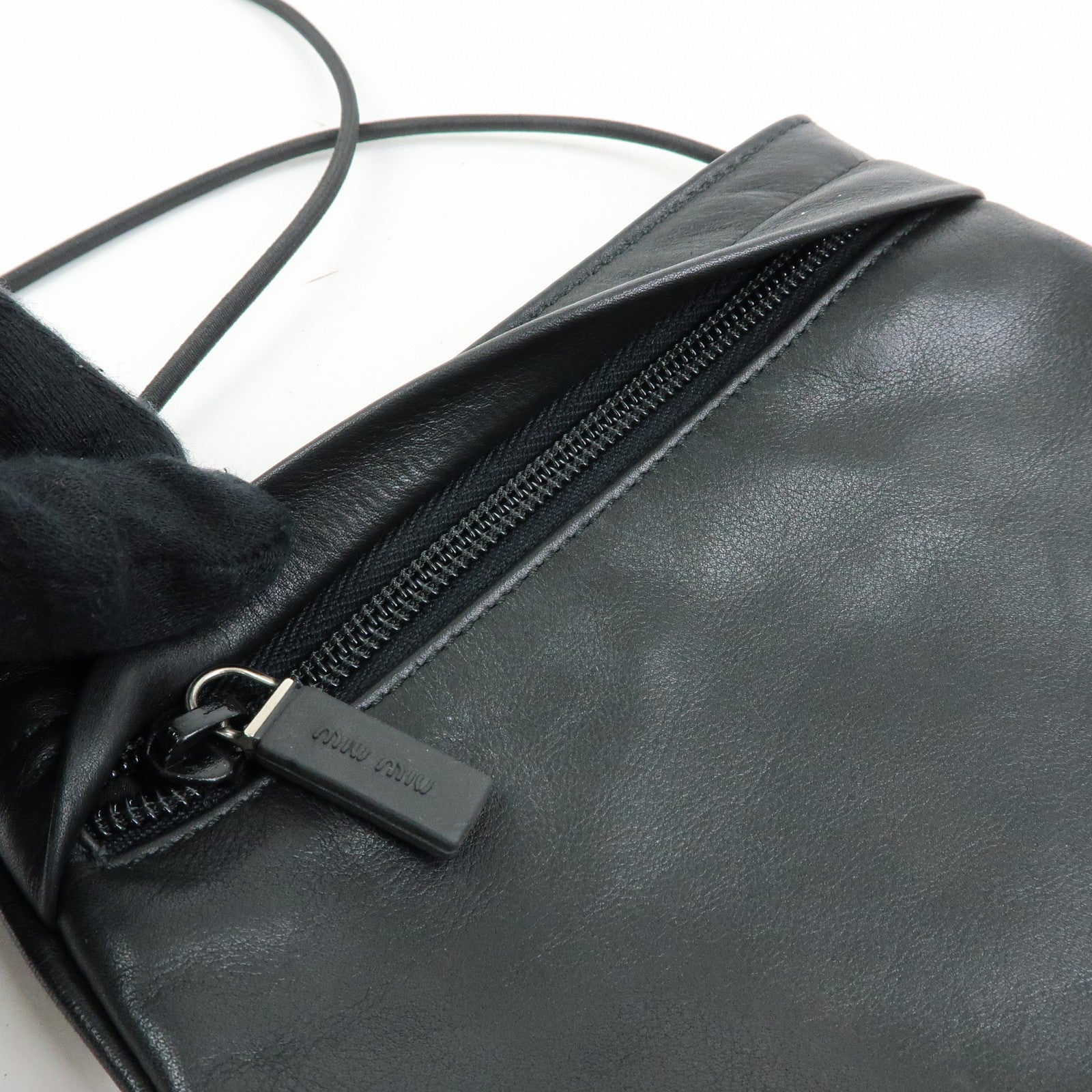 MIU MIU Logo Leather Shoulder Bag Crossbody Bag Flat Pouch Black