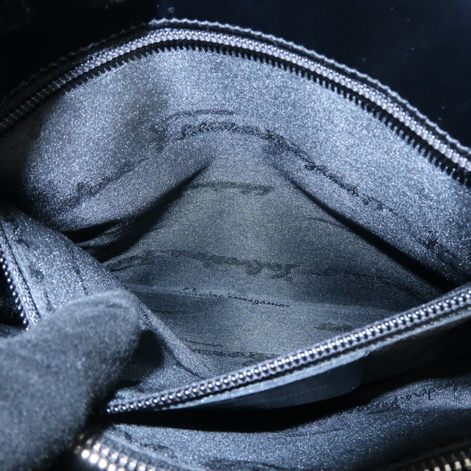 Ferragamo Gancini Embossed Leather Tote Bag Hand Bag Black