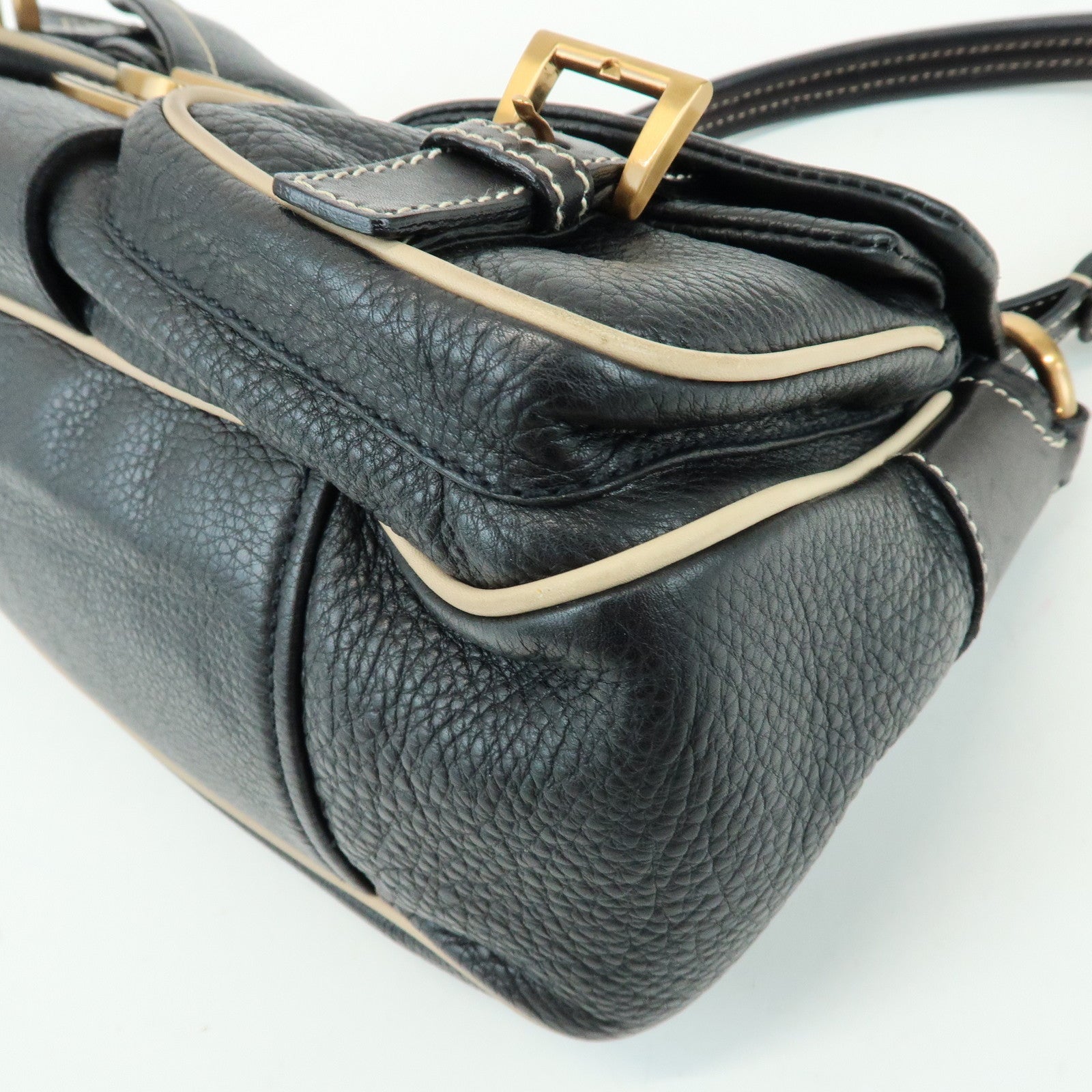 PRADA Logo Leather Stitch Shoulder Bag Hand Bag Black