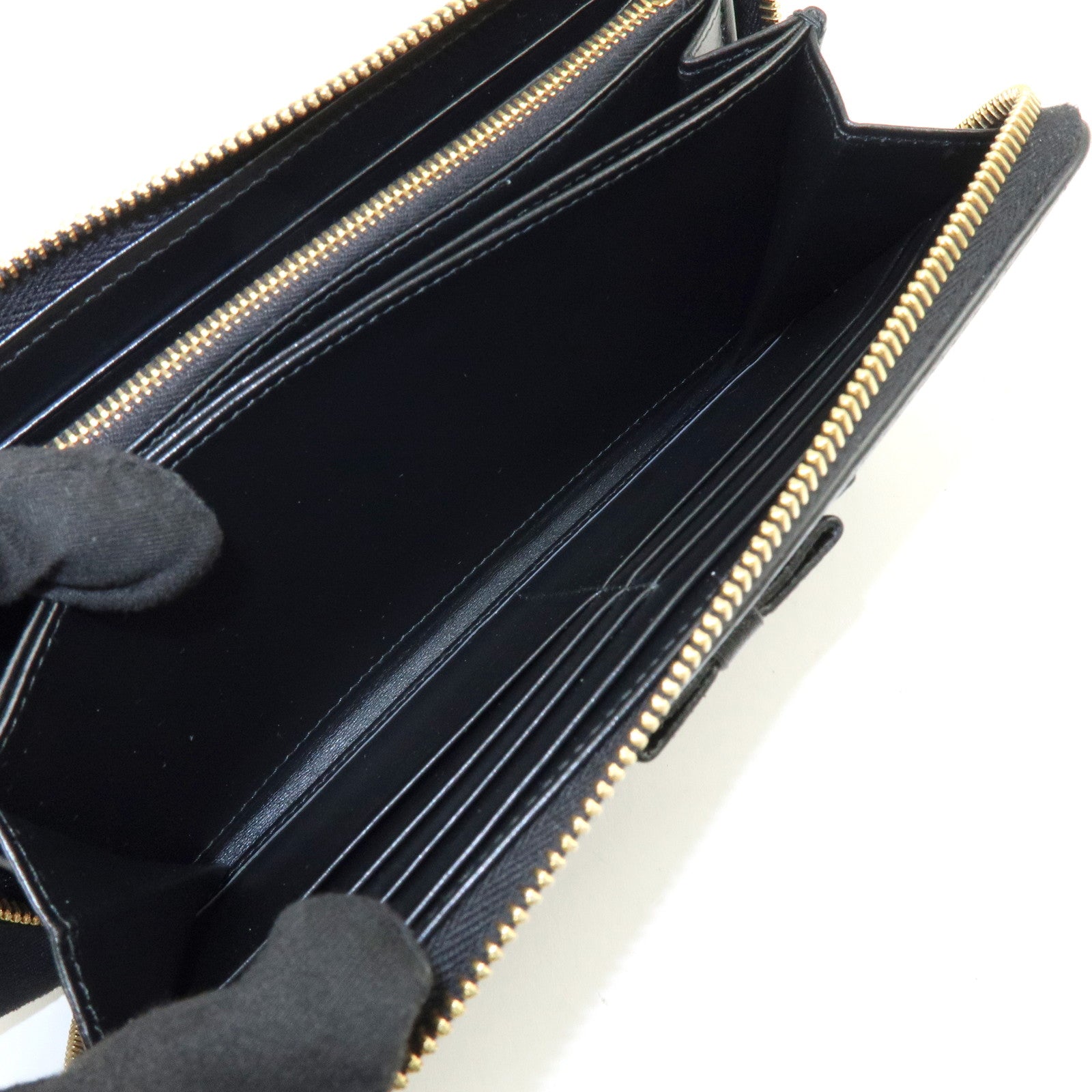 PRADA Ribbon Logo Leather Round Zippy Long Wallet Black