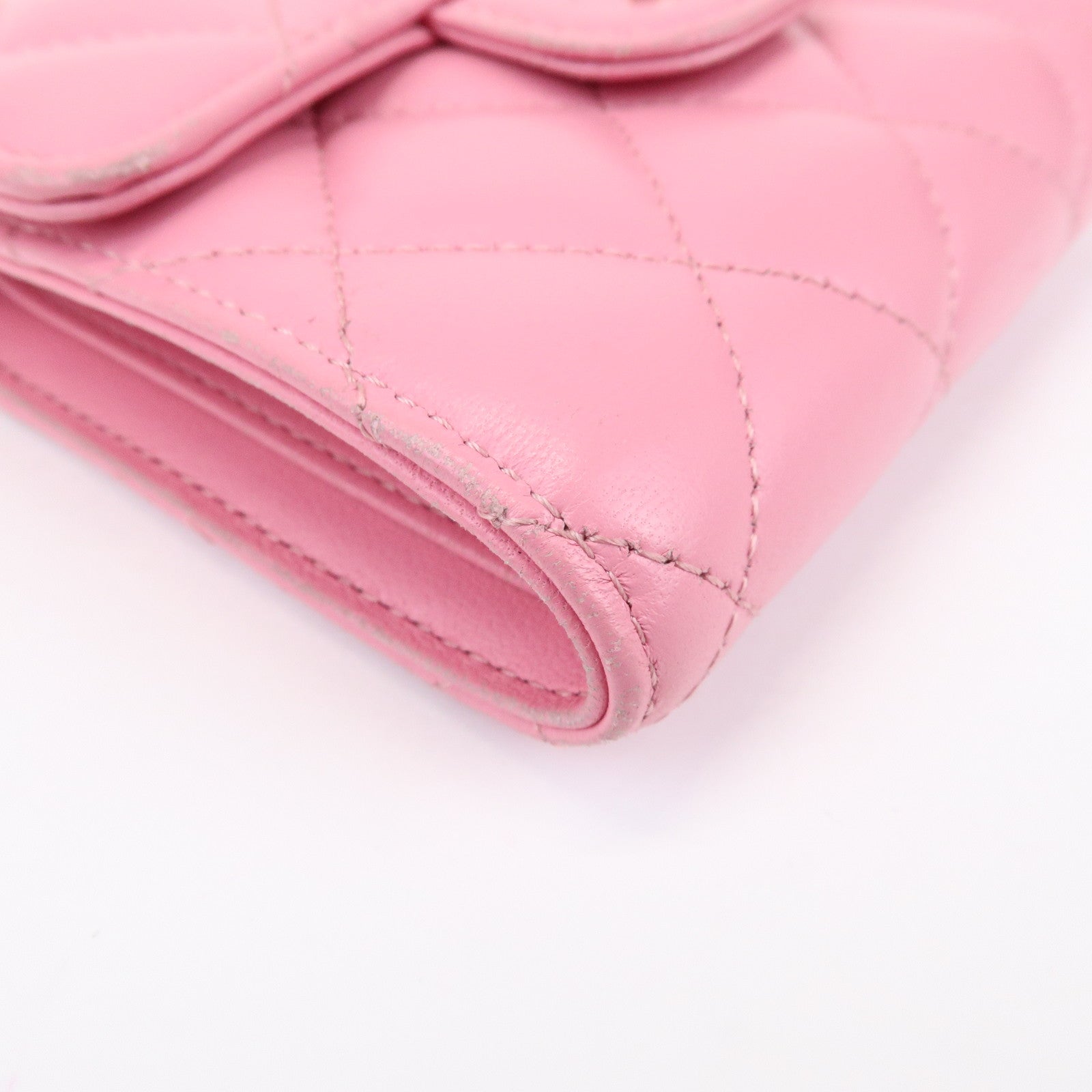 CHANEL Matelasse Lamb Skin Small Tri-Fold Wallet Pink AP0231