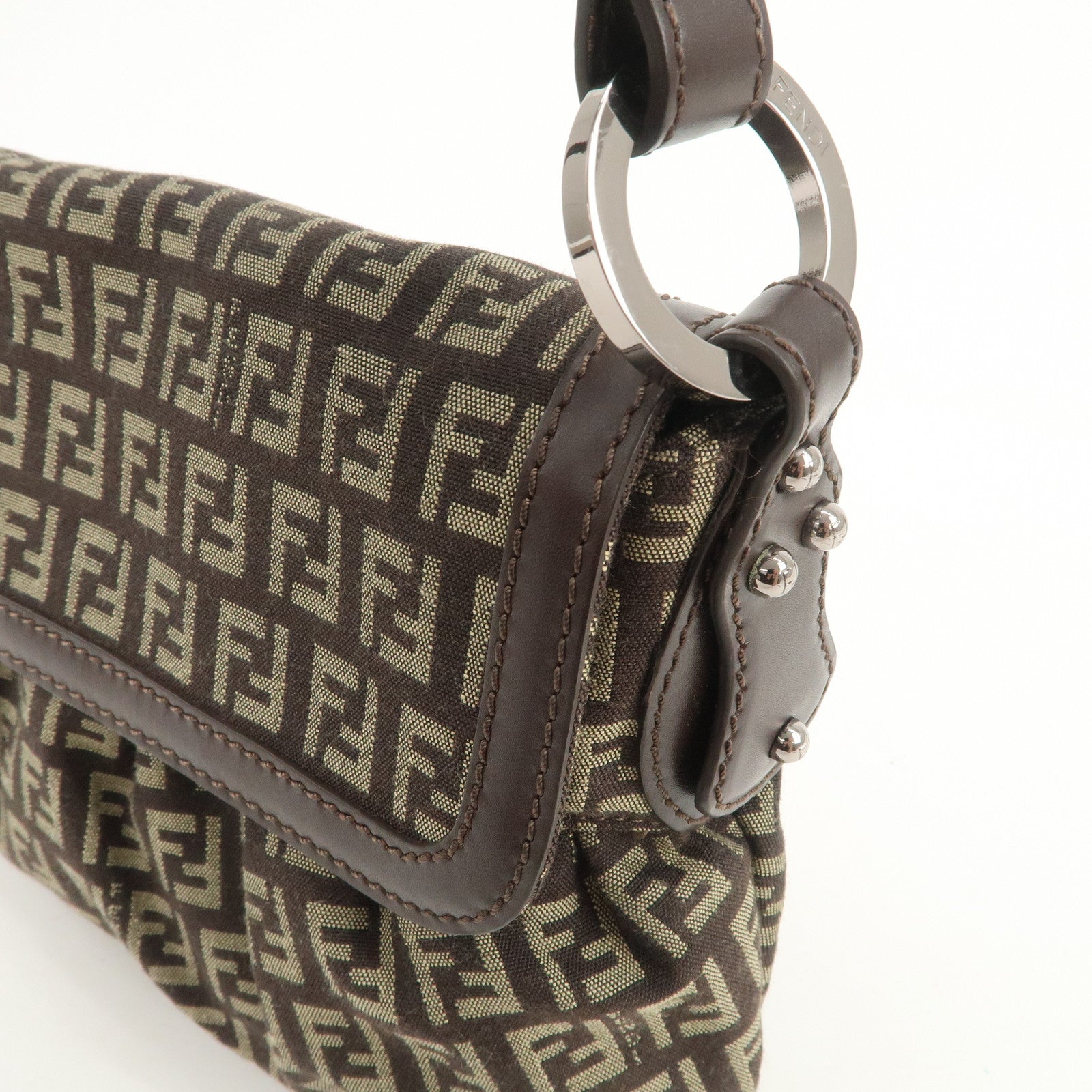 FENDI Zucchino Shoulder Bag Hand Bag Brown Silver 8BR353