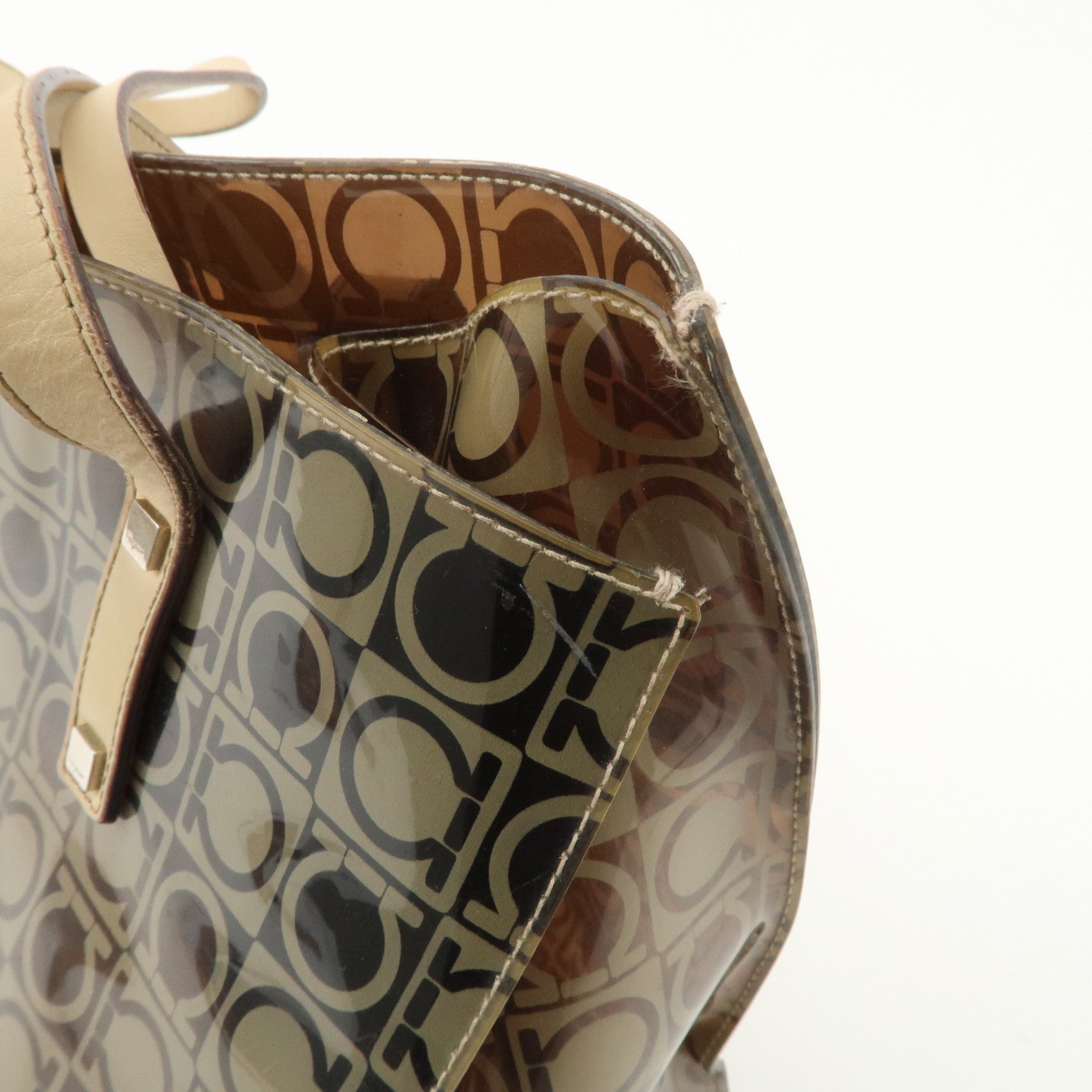 Ferragamo Gancini Vinyl Tote Bag Hand Bag Beige Khaki Silver HDW Used
