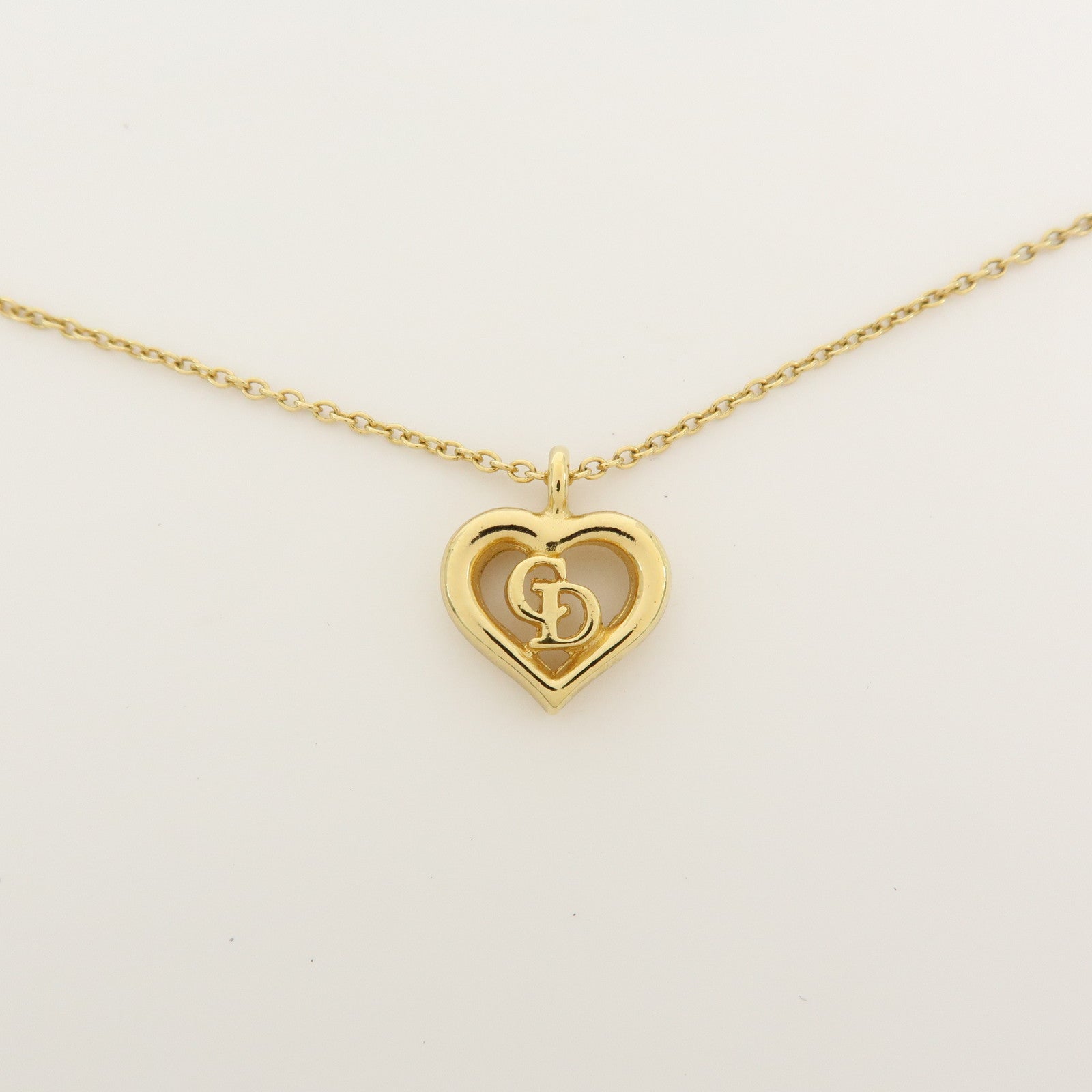Christian Dior Logo Heart Pendant Metal Necklace Gold
